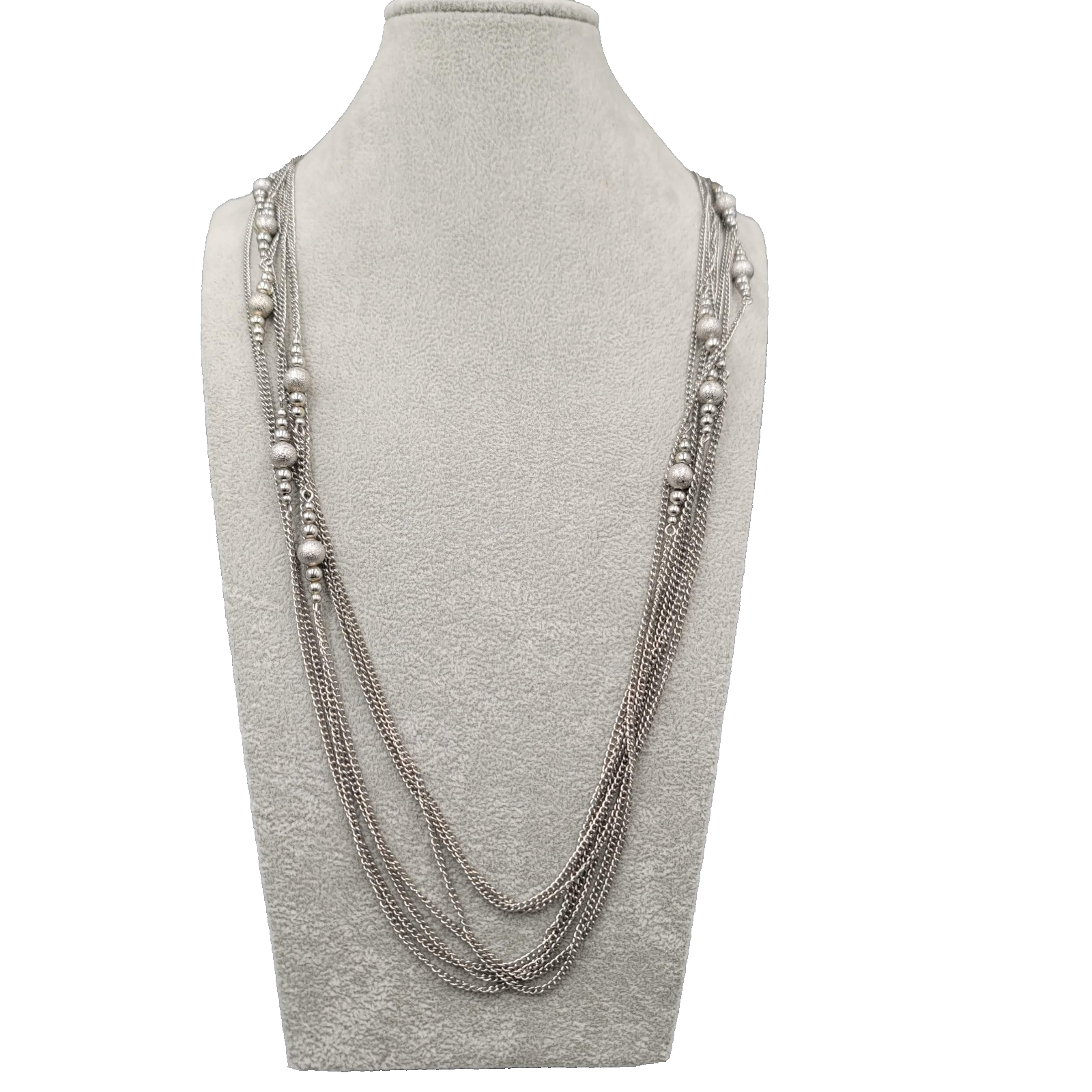 Multi Chain Silver tone Bead Necklace Extra Long 36"