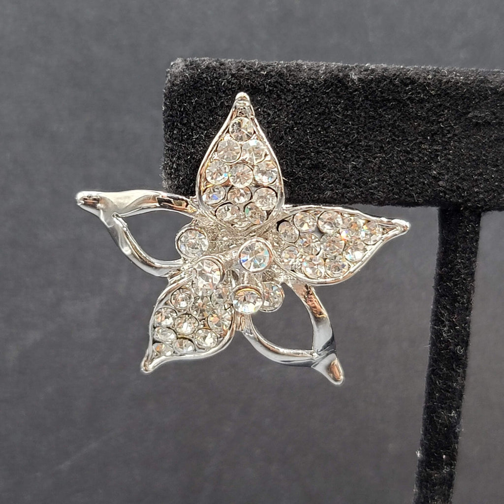 Pierced Earrings Silver Plated Crystal Rhinestone Drop Flower Signed 1 3/8"