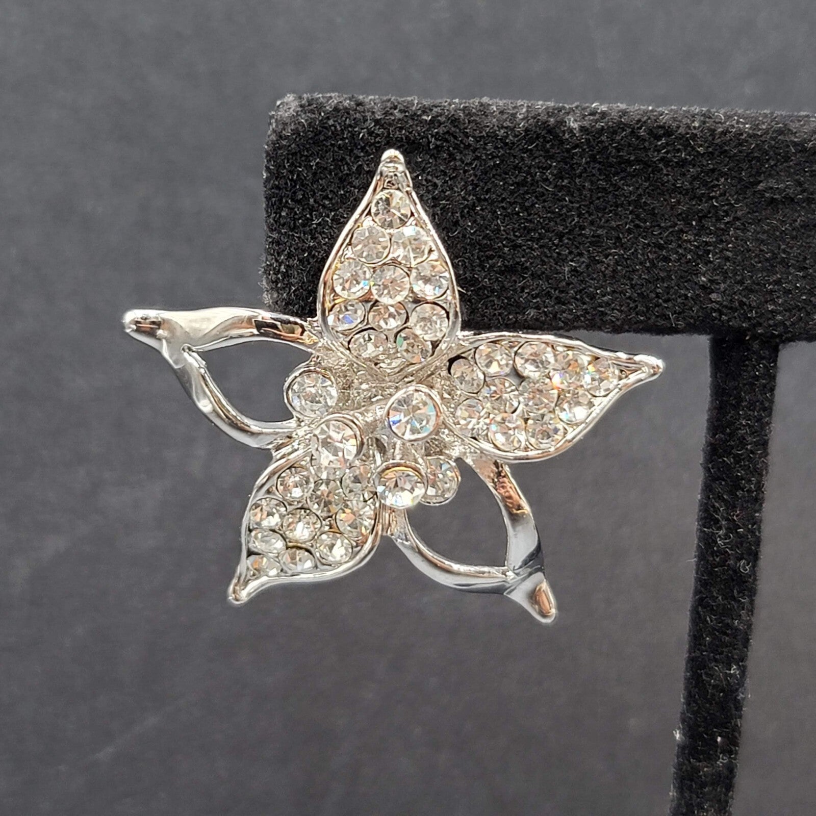 Pierced Earrings Silver Plated Crystal Rhinestone Drop Flower Signed 1 3/8"