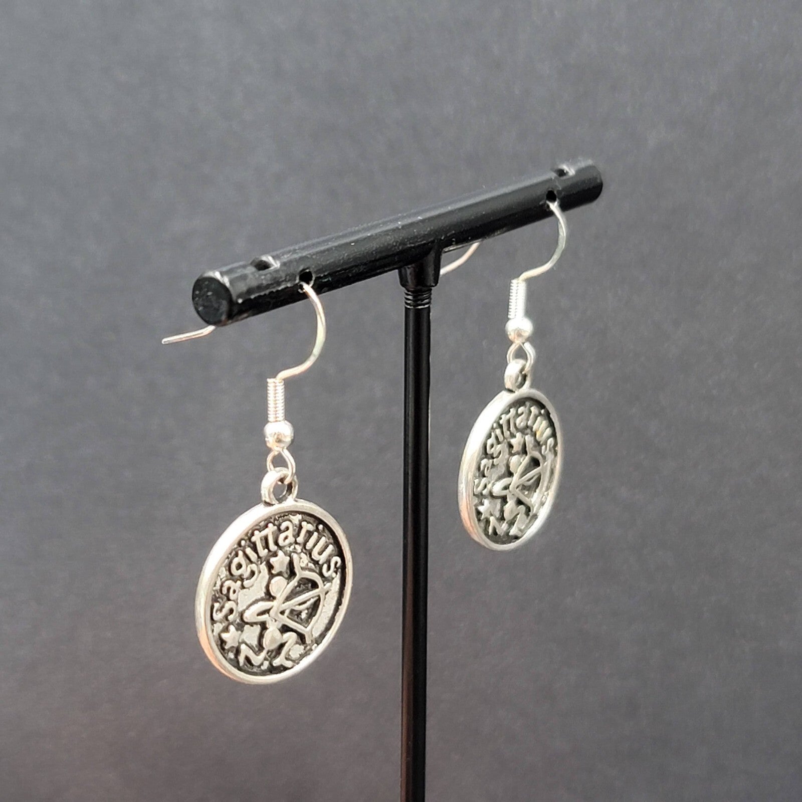 Sagittarius Pierced Earrings Silver tone Round Dangle Optimistic 3/4"