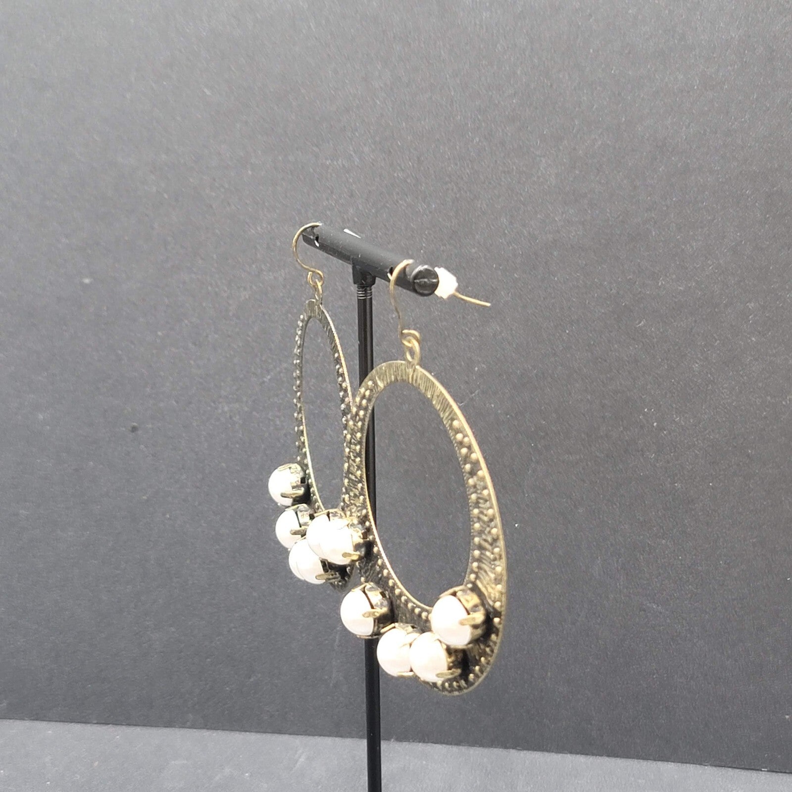 Pierced Earrings Bronze tone Large Hoops Faux Pearl Accents Statement Drop 2.25"