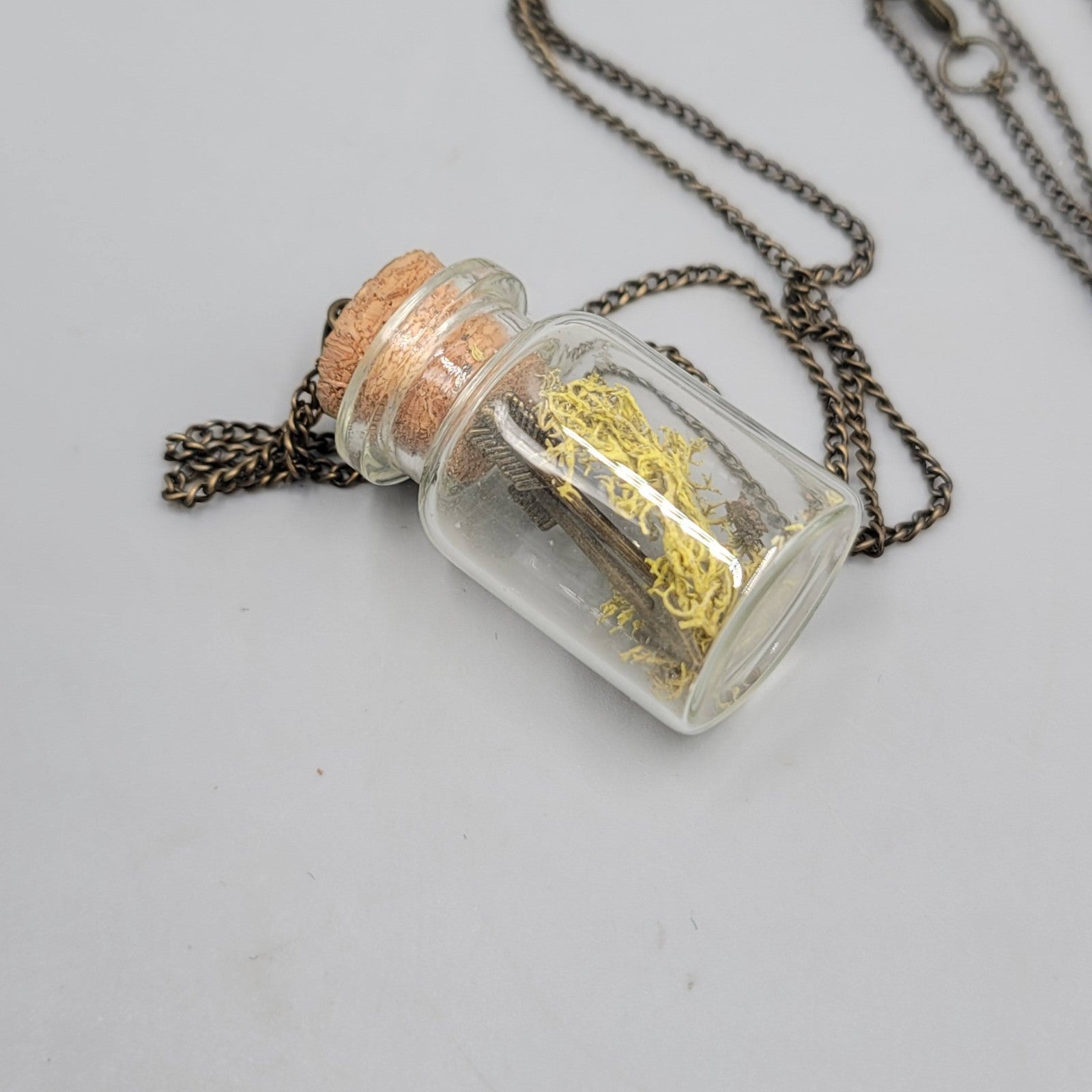Artisan Glass Bottle Moss Arrows Pendant Necklace Long Bronze tone Chain 32 in