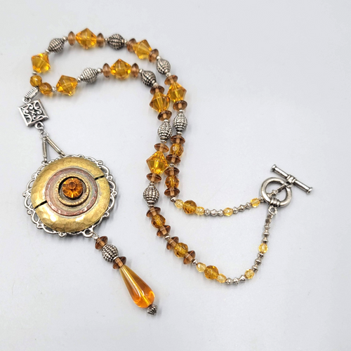 Boho Medallion Orange Bead Pendant Necklace Silver tone Toggle Closure 17 in