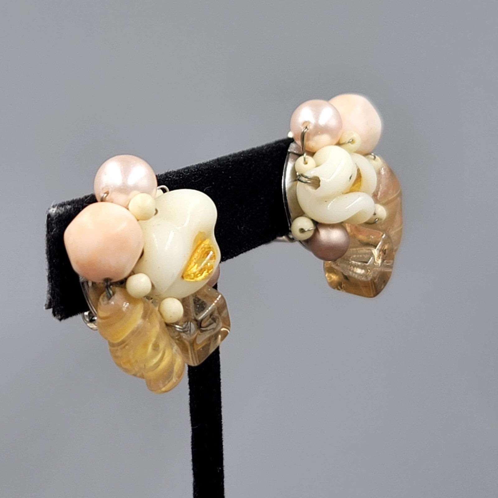 Vintage Cluster Bead Clip on Earrings Molded Glass Tans White 1 1/8"