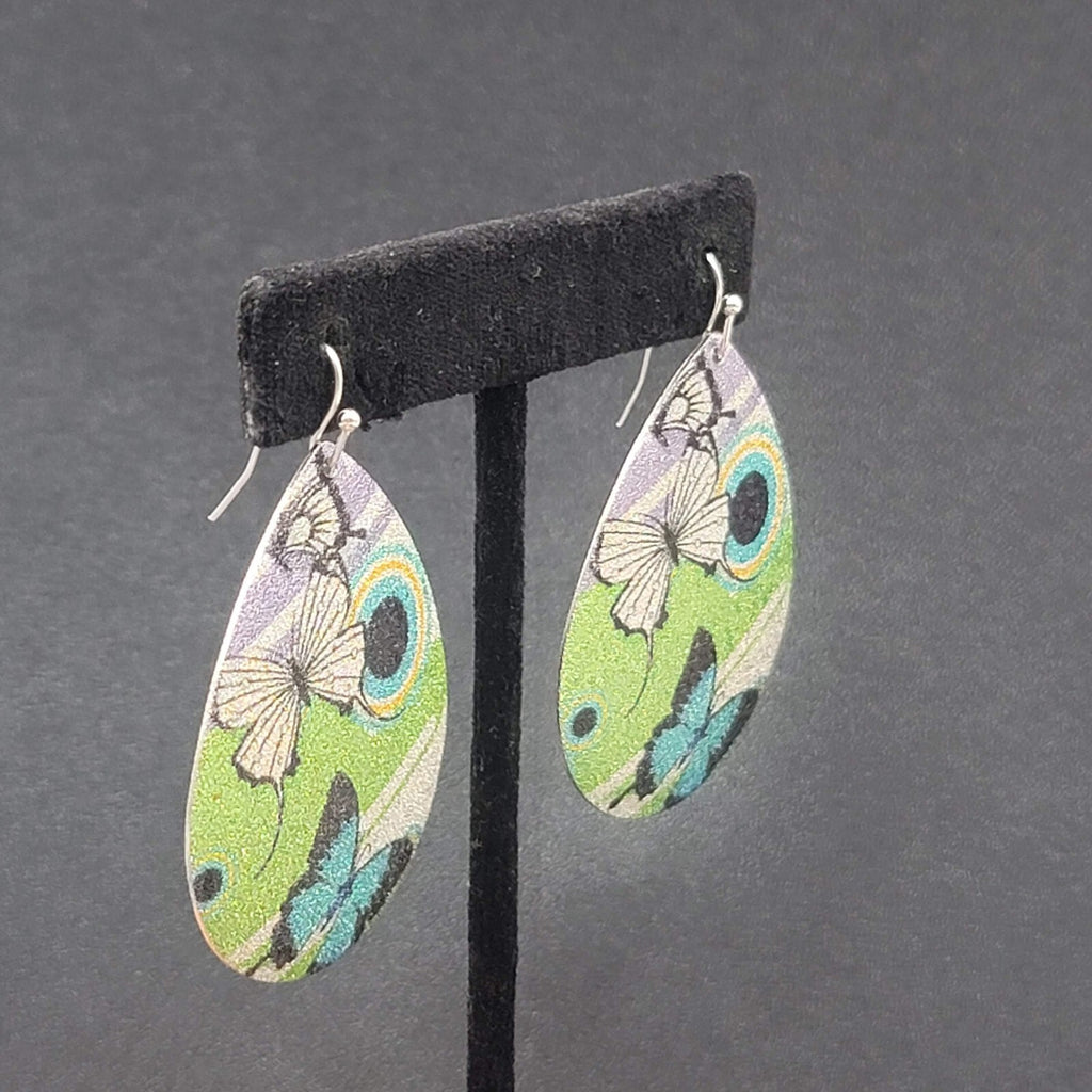 Pierced Earrings Silver tone Textured Butterfly  Teardrop Dangle 2"