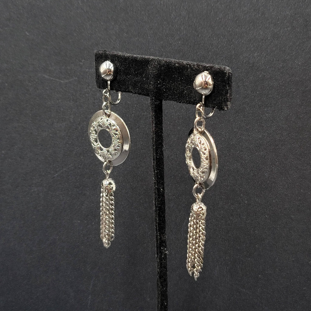 Vintage Clip on Earrings Silver tone Open Circle Tassel Chains  2.75"