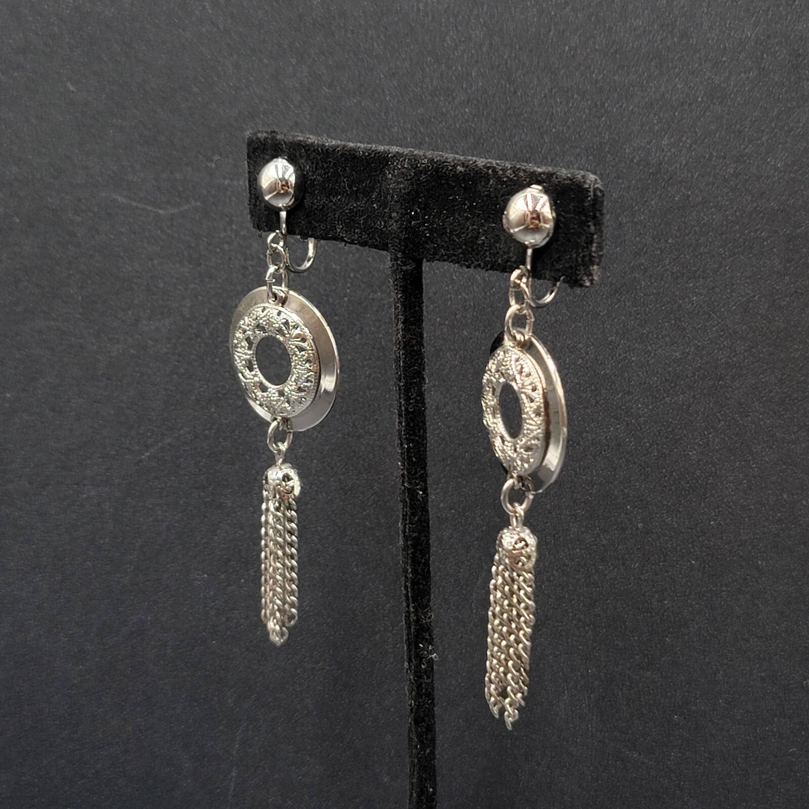 Vintage Clip on Earrings Silver tone Open Circle Tassel Chains  2.75"