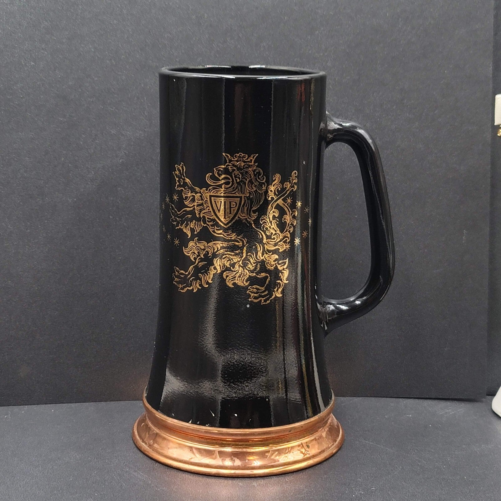 Black and Copper Colored Heavy Tall Beer Stein Glass Mug Lion VIP Three Crowns