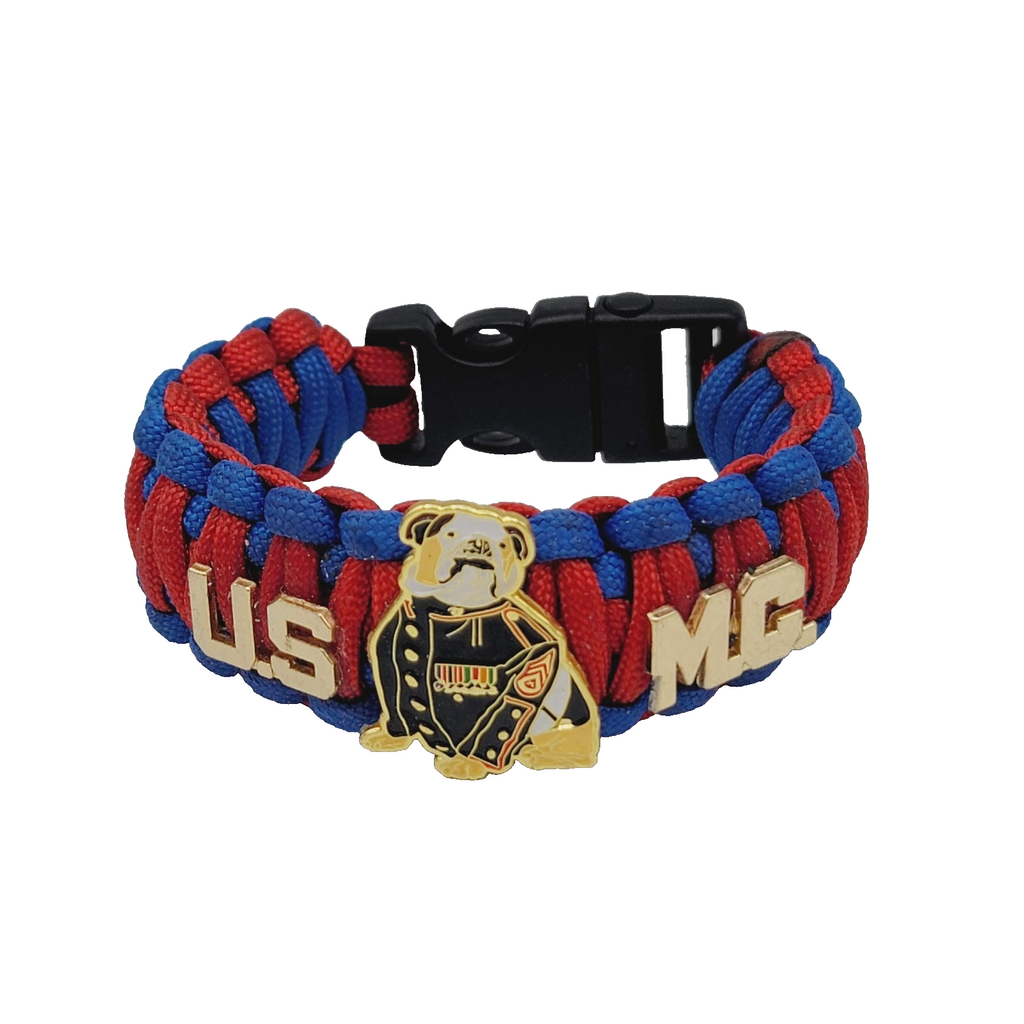 USMC Paracord Bracelet Enamel Bulldog Red Blue 7 in