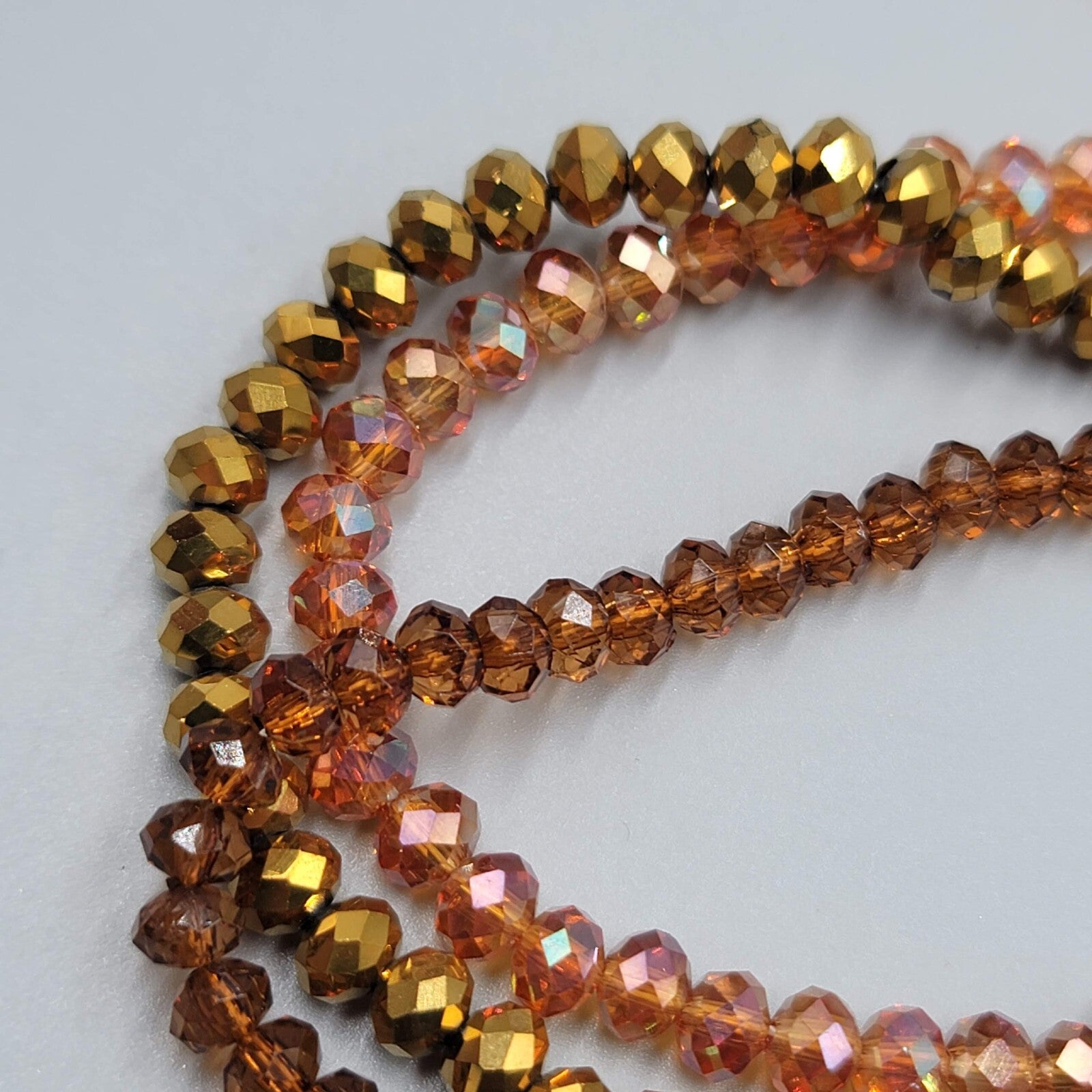 Long Crystal Bead Necklace Triple Strand Gold tone Chain 36"-38"