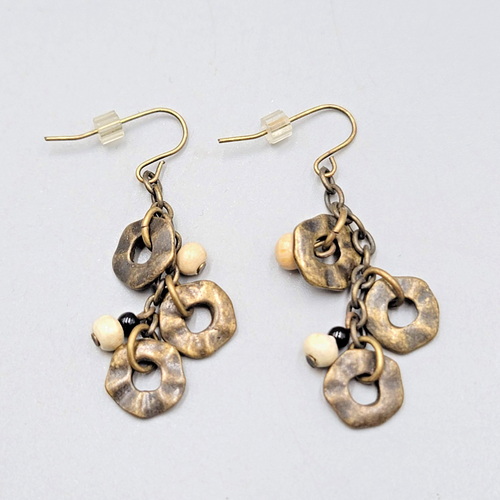Circles Wood Bead Pierced Earrings Bronze tone Dangle 1.5 in