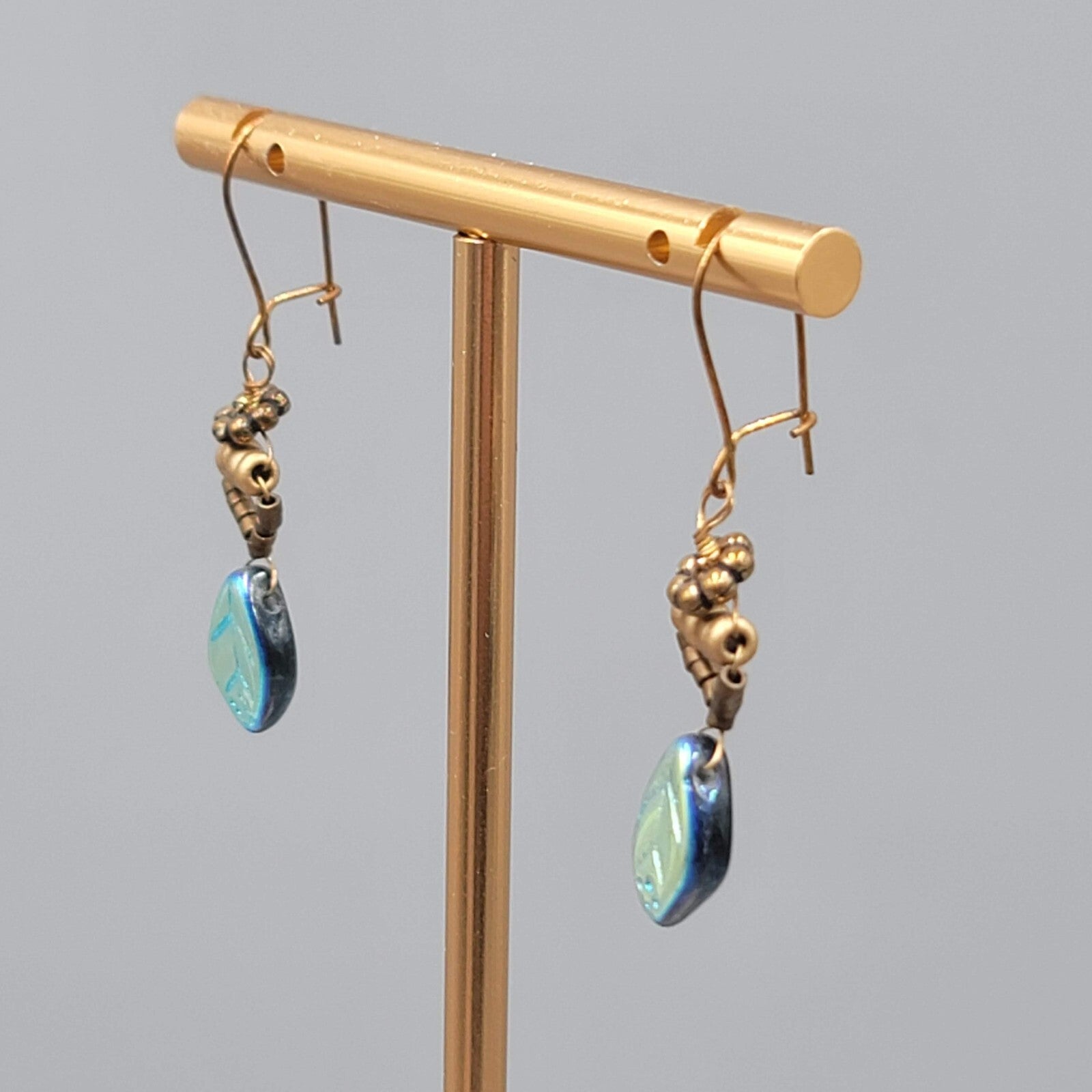Glass Leaf Iridescent Pierced Earrings Beaded Copper tone Dangle 1"