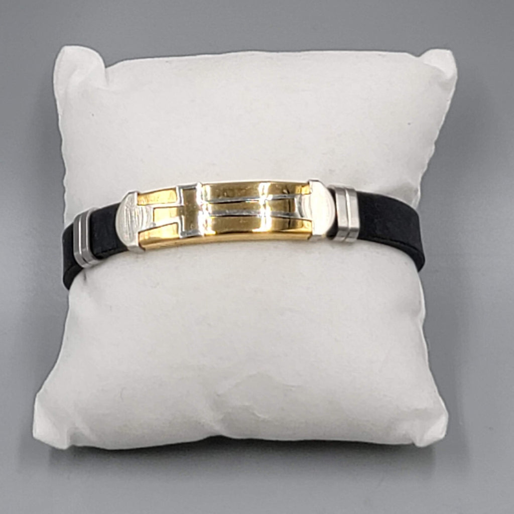 Mens Cross Bracelet Black Leather Gold and Silver tones 7.5"