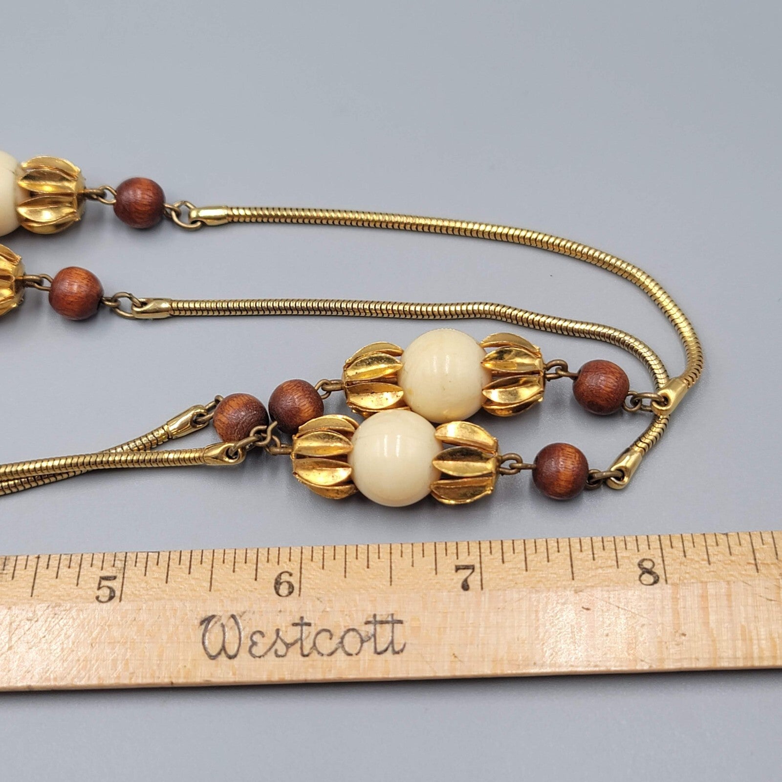 Vintage Long Station Wood Bead Necklace Snake Chain 34" Estate Costume Jewelry