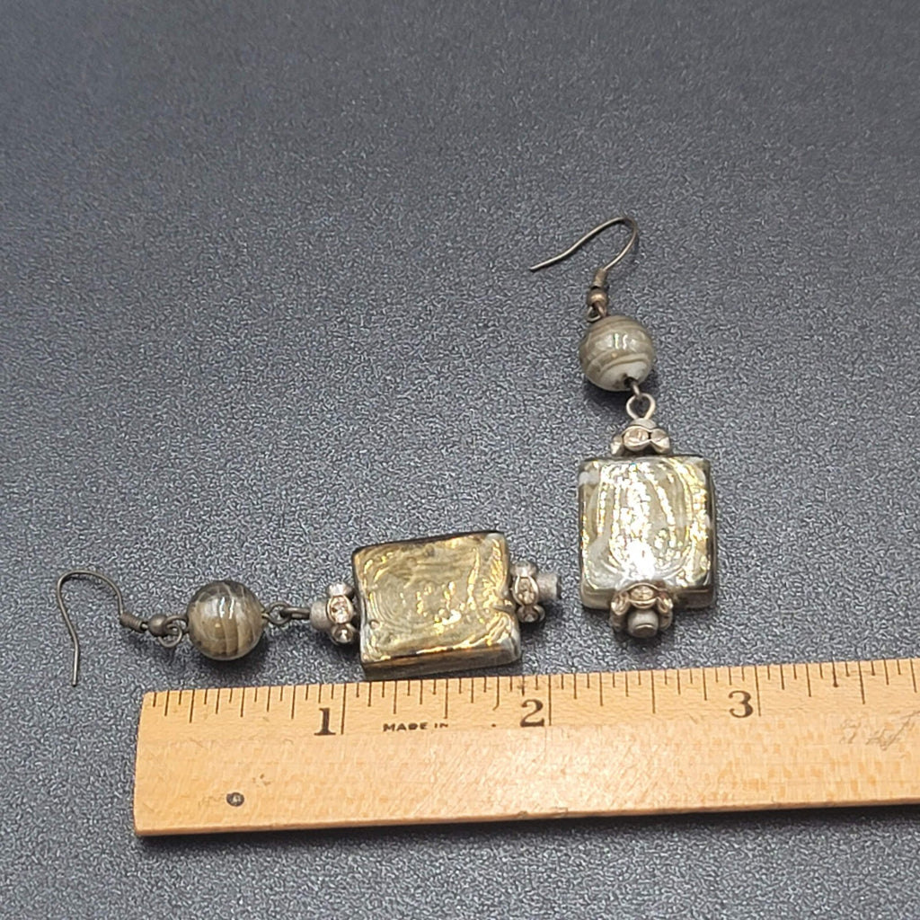 Pierced Earrings Gray White Swirl Art Glass Bead 2"