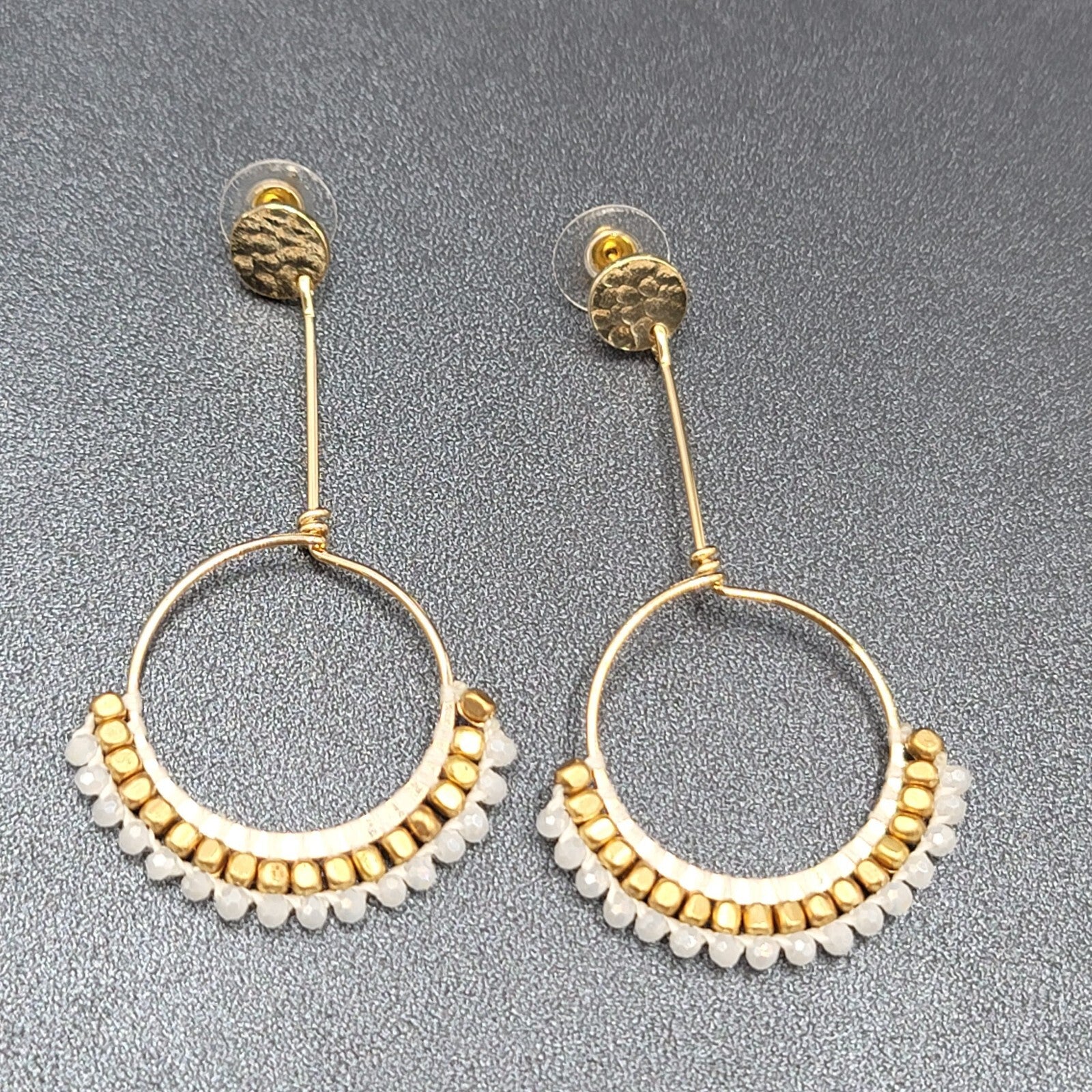 Quartz Stone Bead Pierced Earrings Long Gold tone Dangle 3"