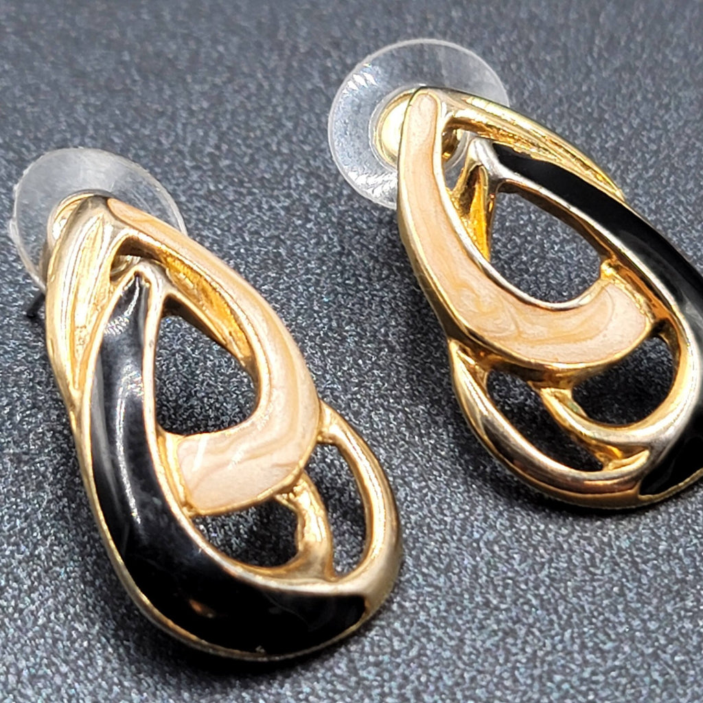 Vintage Pierced Earrings Black Cream Enamel Double Teardrop Drop 1"