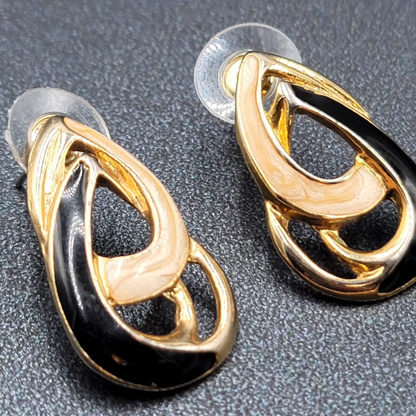 Vintage Pierced Earrings Black Cream Enamel Double Teardrop Drop 1"