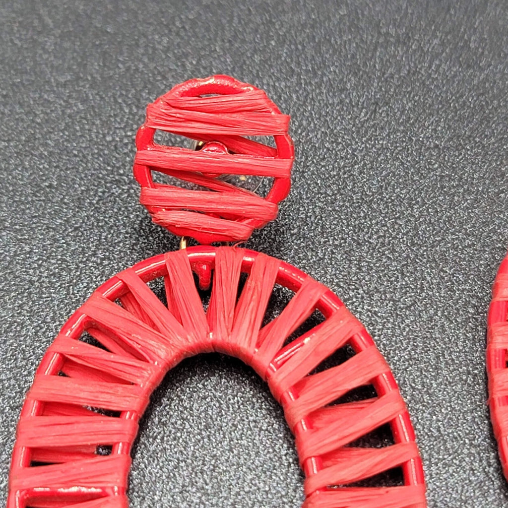 Pierced Earrings Red Rattan Dangle Hoops Statement 2.5"