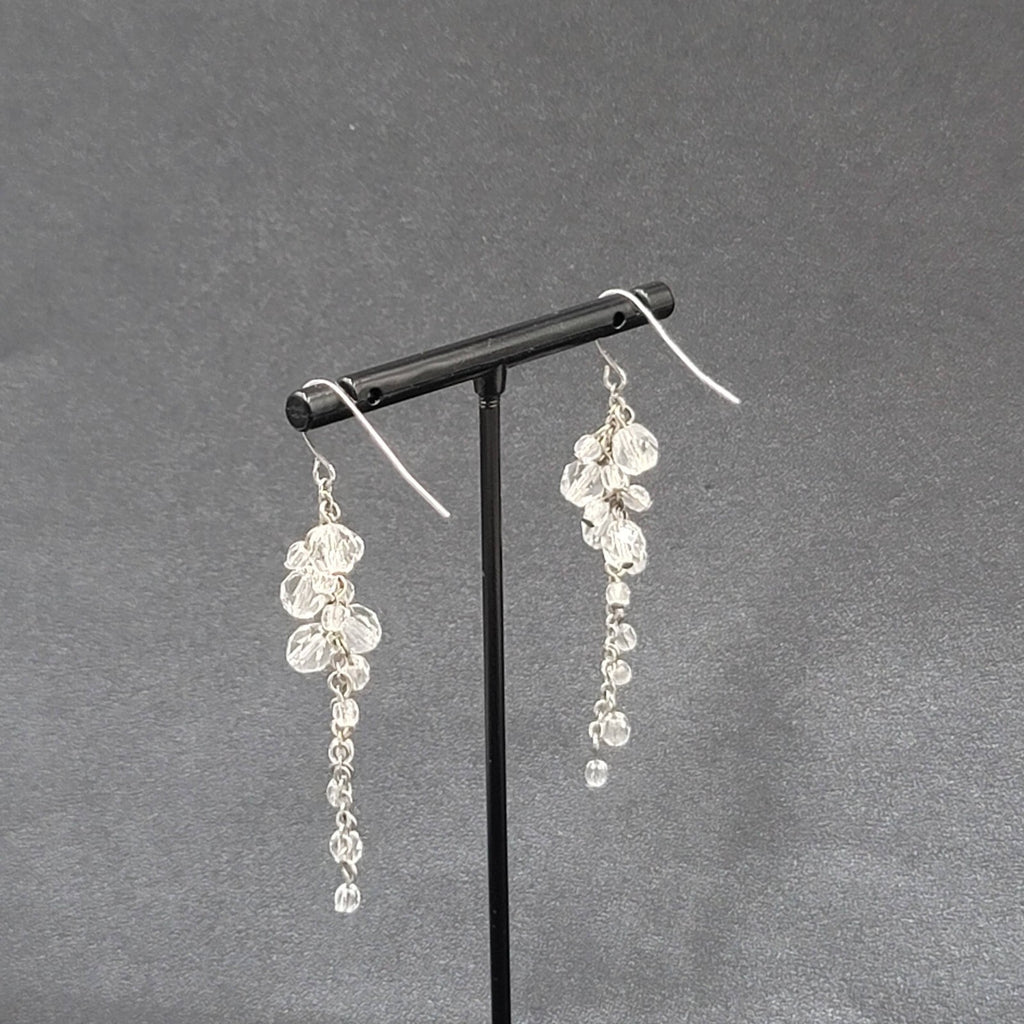 Pierced Earrings Silver tone Clear Bead Cluster Dangle 2.25"