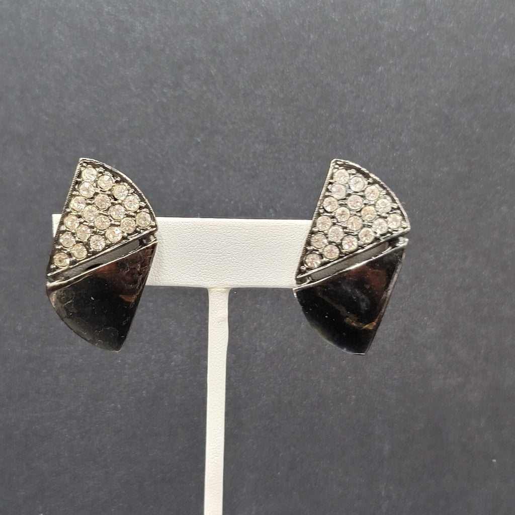 Vintage Clip on Earrings Black Metal Clear Rhinestones 1.5"