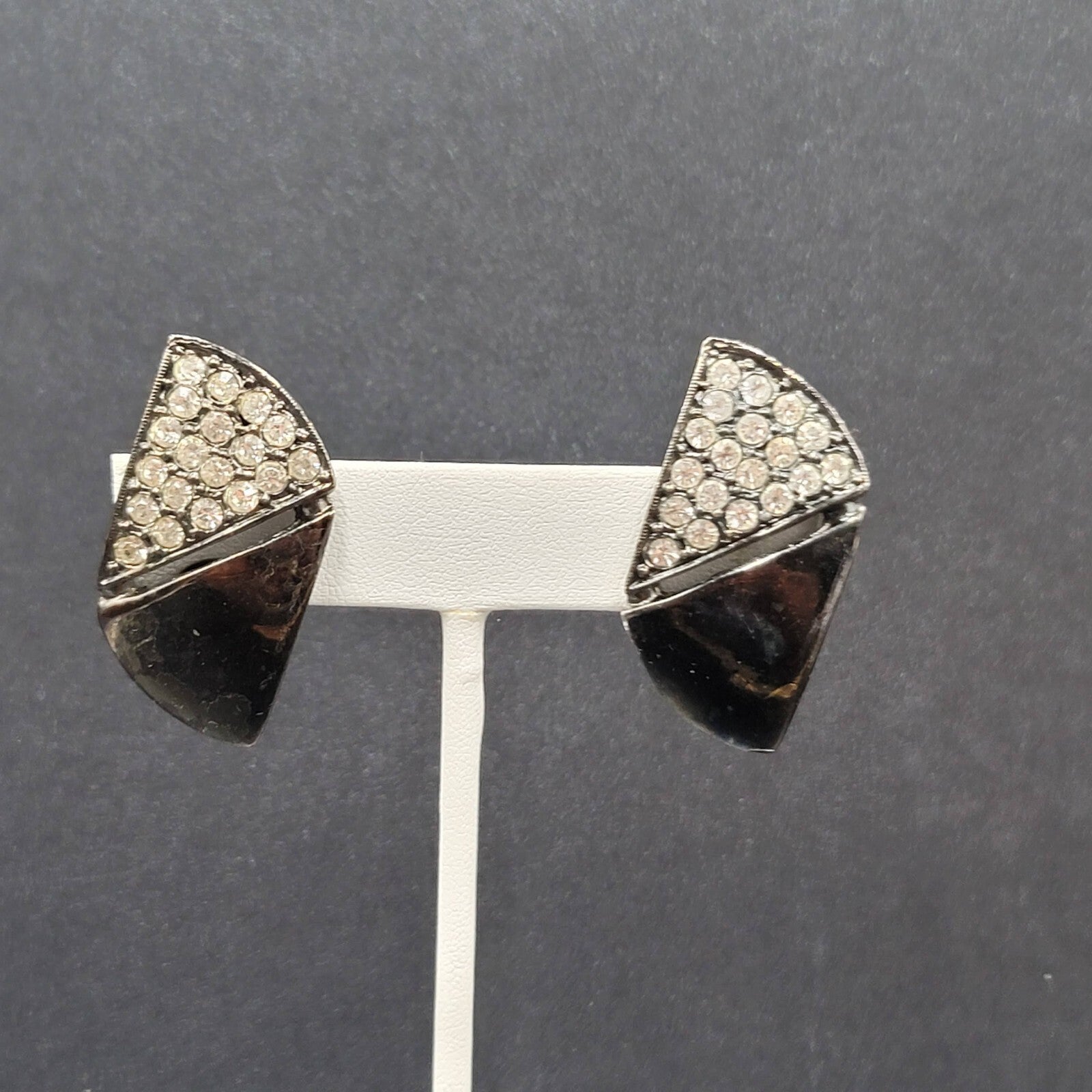 Vintage Clip on Earrings Black Metal Clear Rhinestones 1.5"