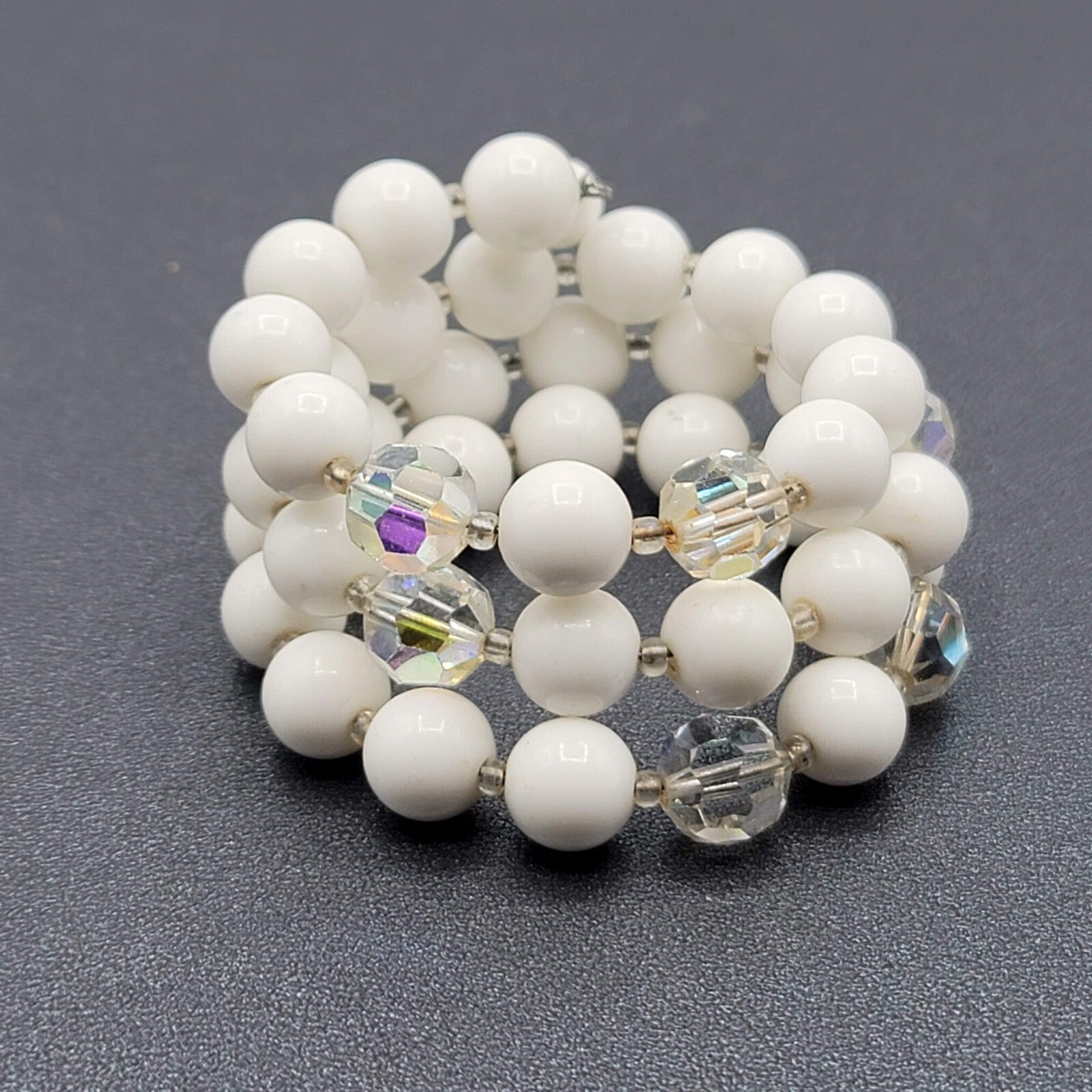 Vintage Memory Wire Bracelet White AB Faceted Beads Estate Costume Jewelry