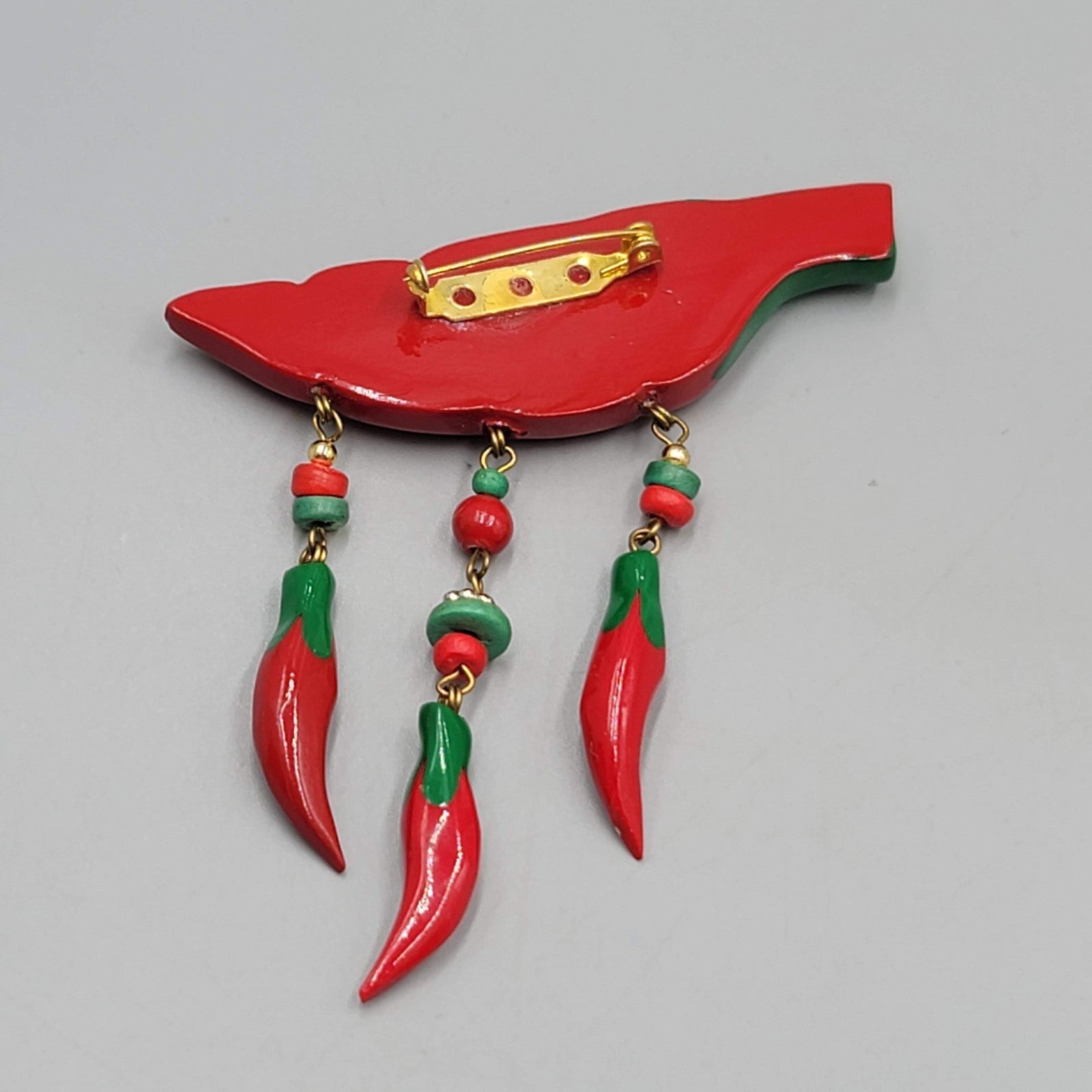 Vintage Red Chili Pepper Brooch Hand Painted Wood Statement 3"