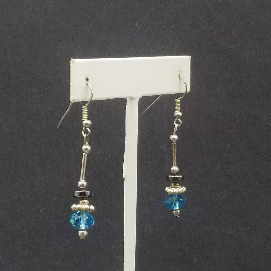 Pierced Earrings Silver tone Blue Faceted Crystal Hematite Bead Dangle 1 1/4"