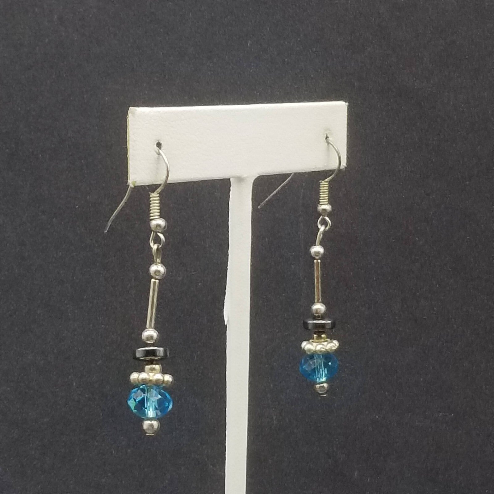 Pierced Earrings Silver tone Blue Faceted Crystal Hematite Bead Dangle 1 1/4"