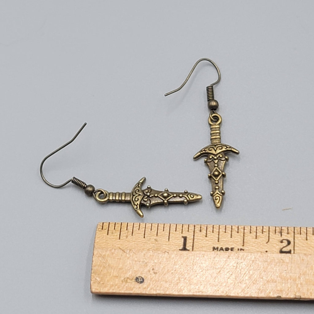 Fancy Embossed Dagger Pierced Earrings Bronze tone Dangle New 1"
