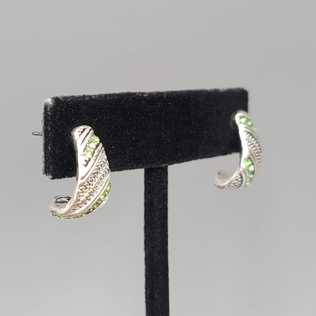 Green Crystal Pierced Earrings Silver tone Drop 5/8 in