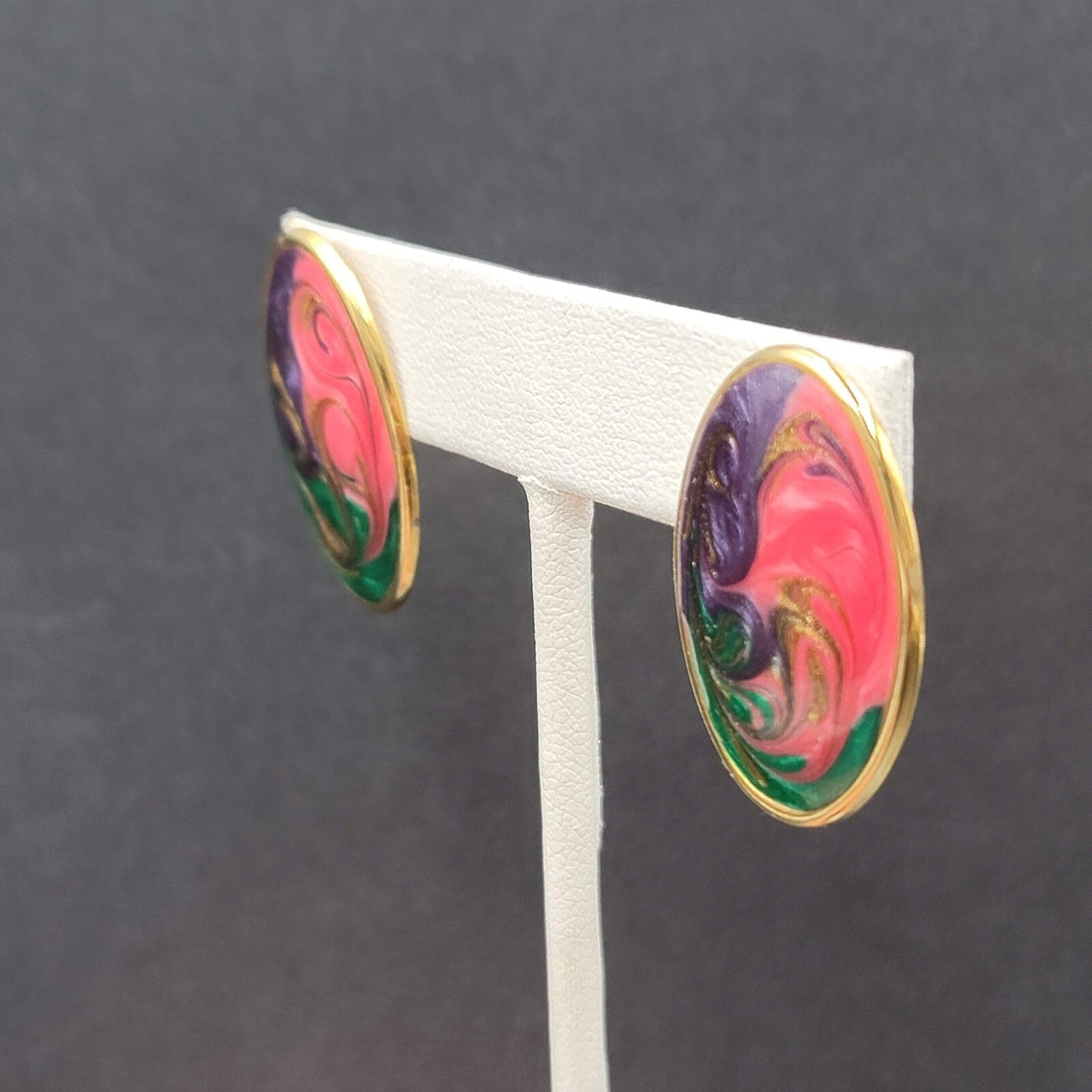 Vintage Pierced Earrings Green Purple Pink Swirl Enamel Oval Drop 1 1/8"
