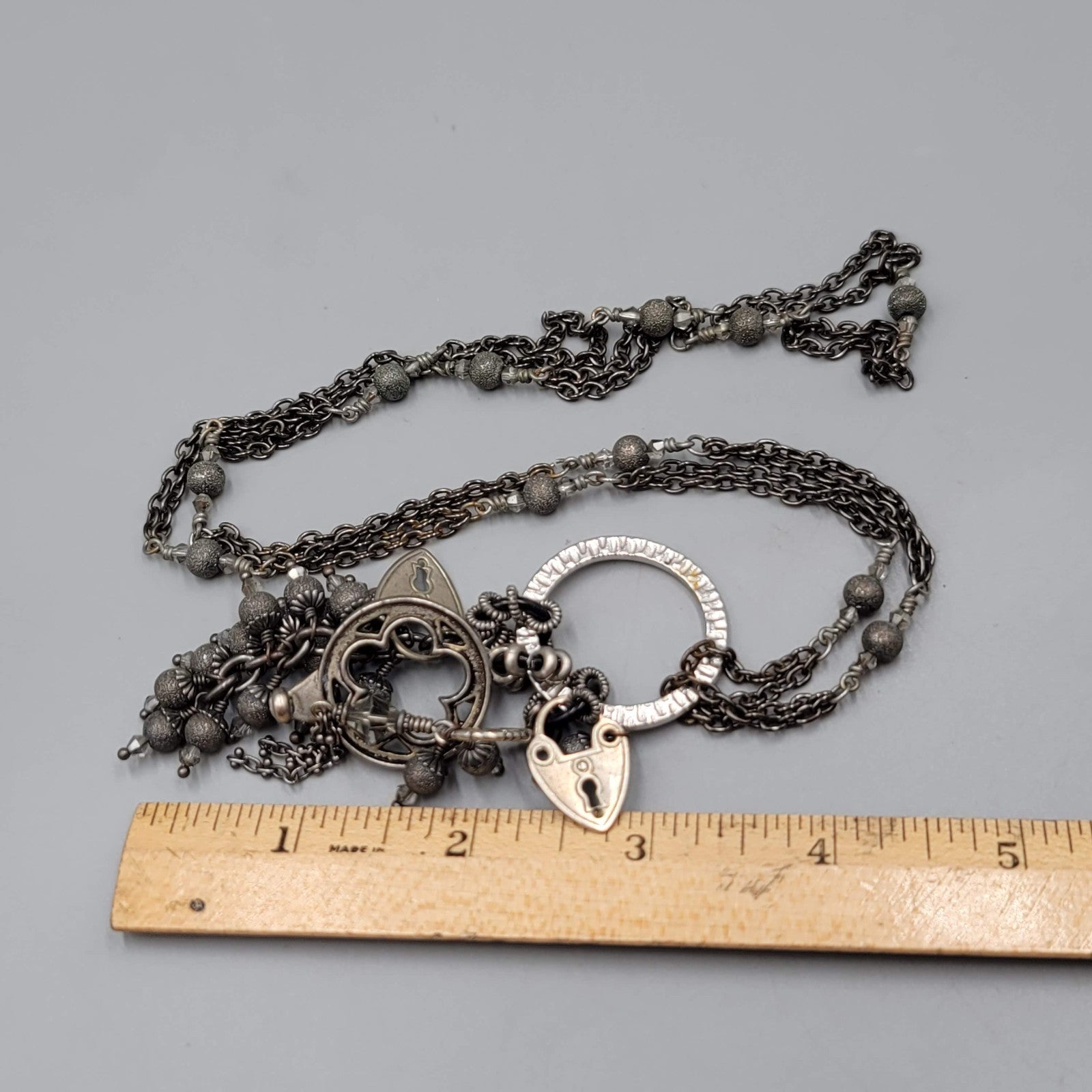 Tassel Charm Pendant Necklace Gunmetal Gray Black Metal Long 38"