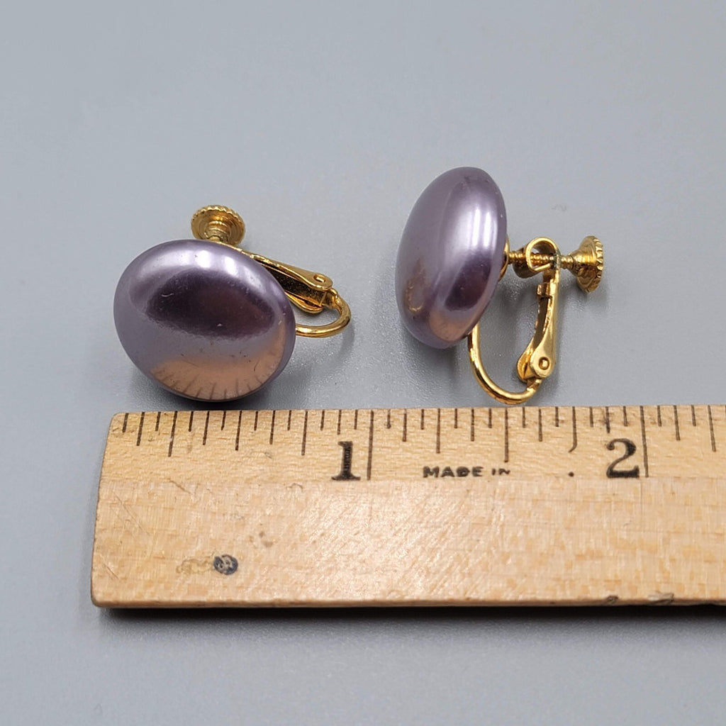 Vintage Purple Satin Round Clip on Earrings Gold tone 3/4"