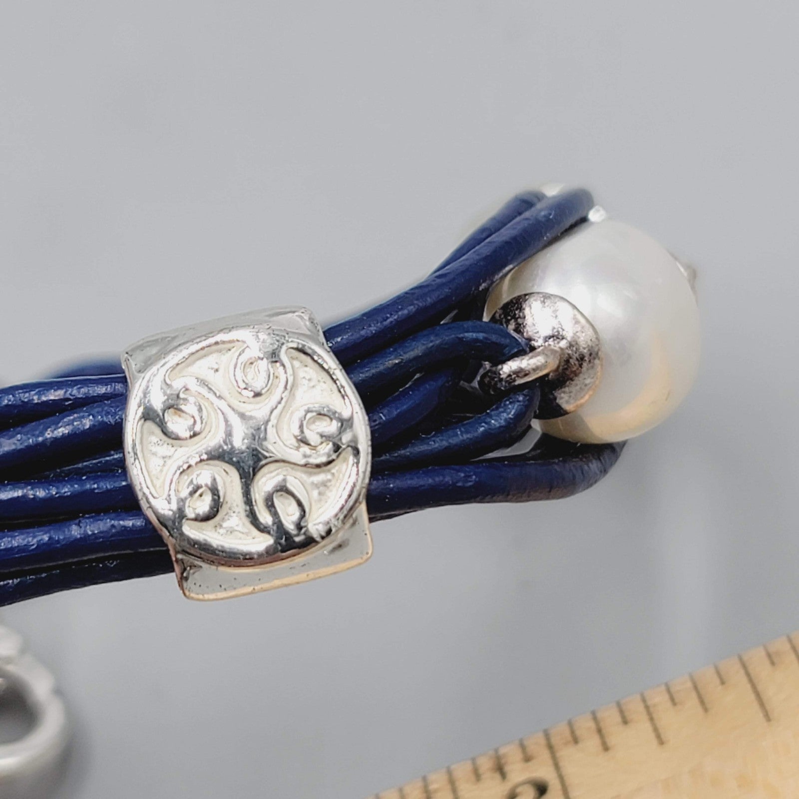 Navy Blue Cord Bracelet Imitation Pearl Silver tone 7"