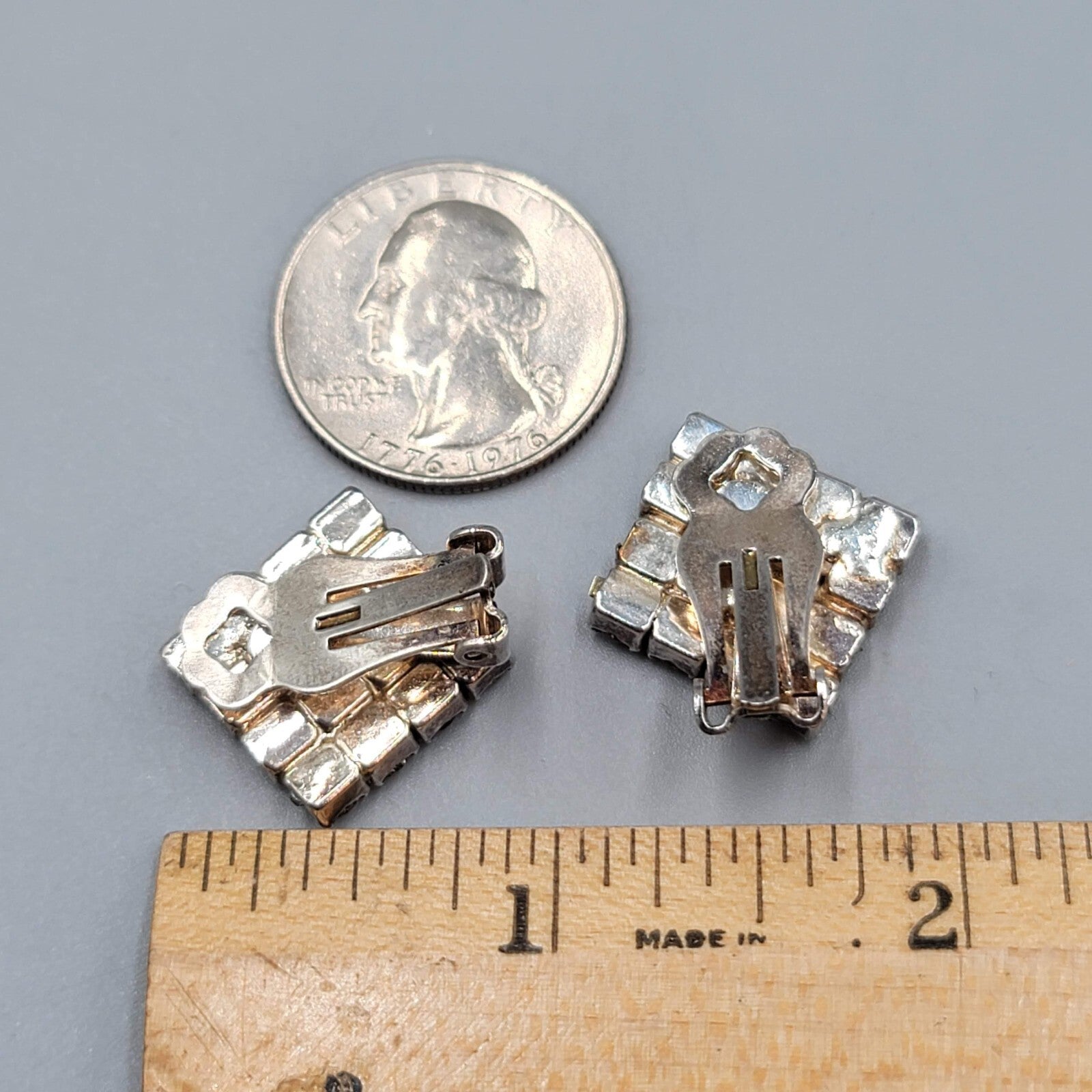 Vintage Square Rhinestone Clip on Earrings Silver tone 7/8"