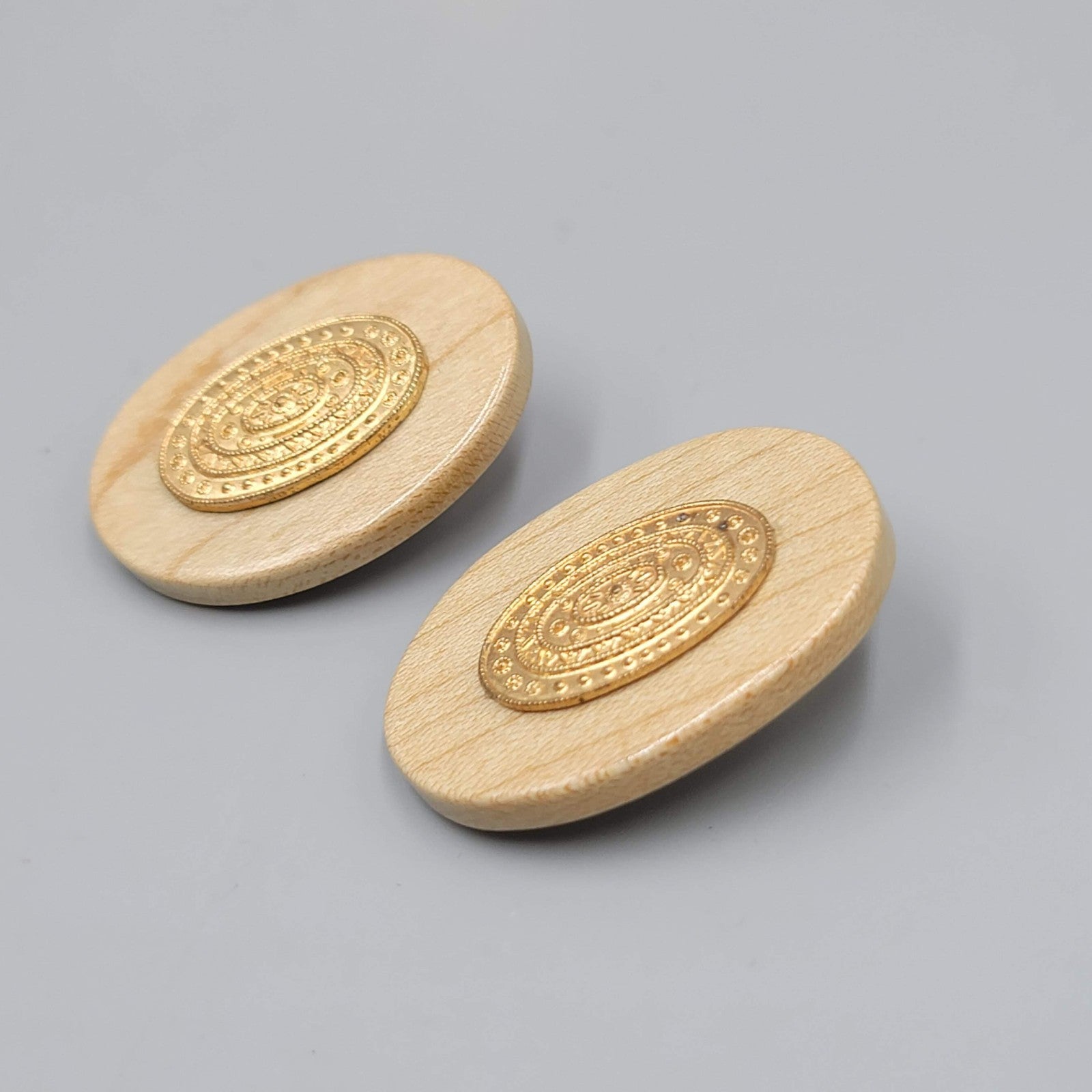 Large Wood Statement Pierced Earrings Oval Drop Gold tone 1.5"