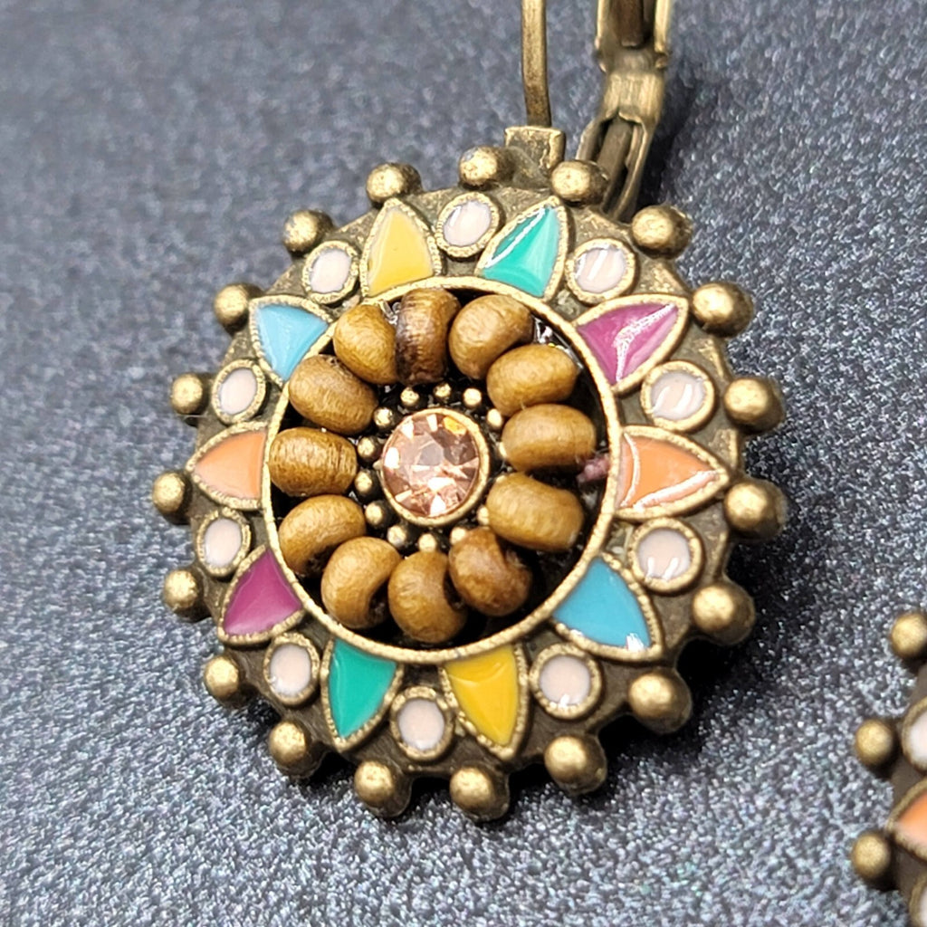 New Boho Pierced Earrings Bronze tone Medallion Enamel Wood Bead 1"