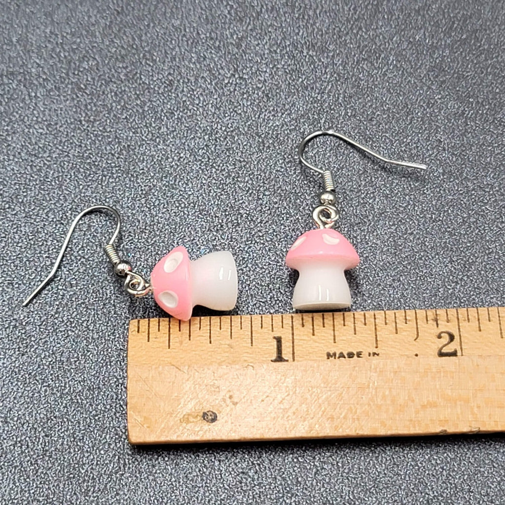 Pierced Earrings Pink White Polka Dot Mushroom Dangle  5/8"