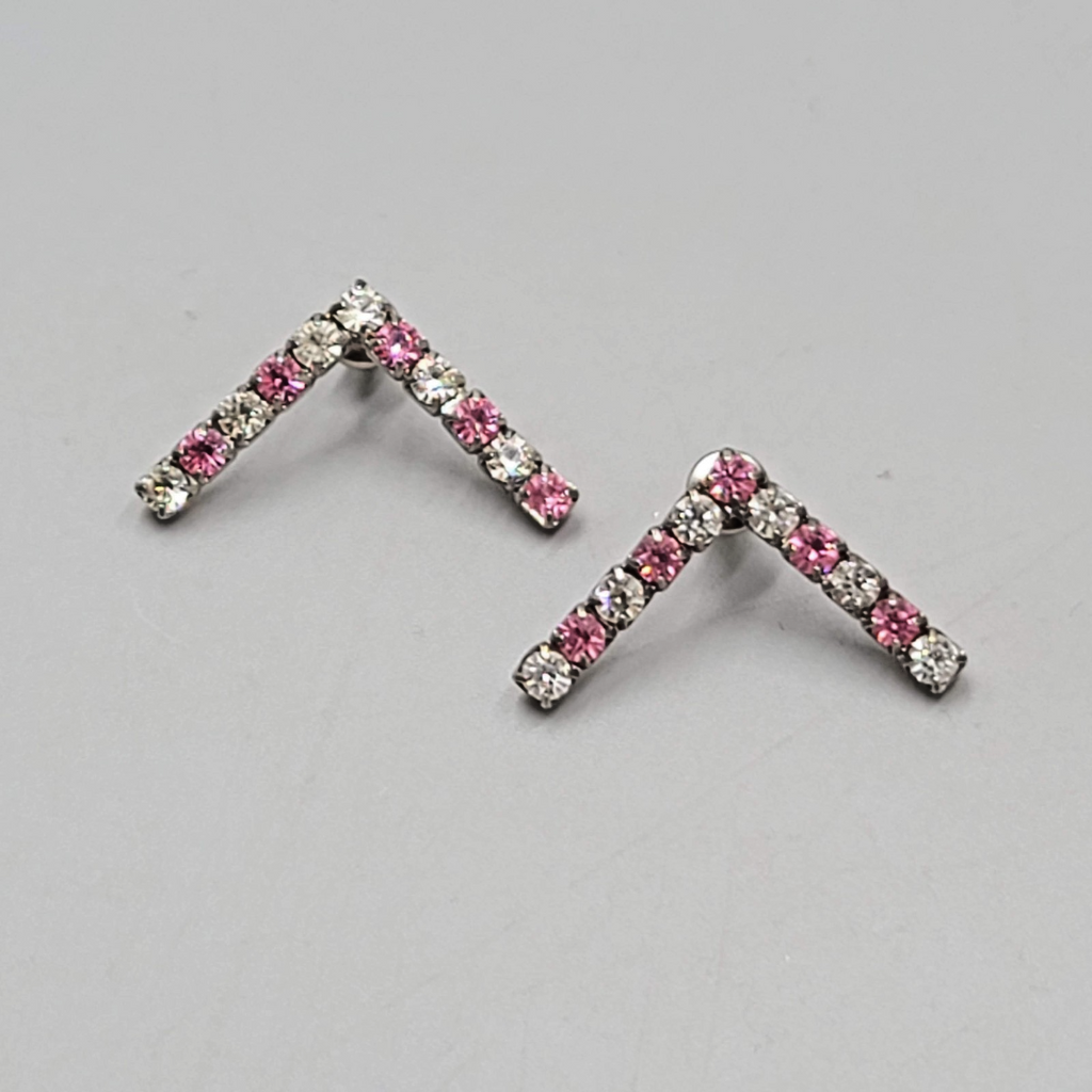Pink Clear Rhinestones Pierced Earrings Silver tone Drop 1"