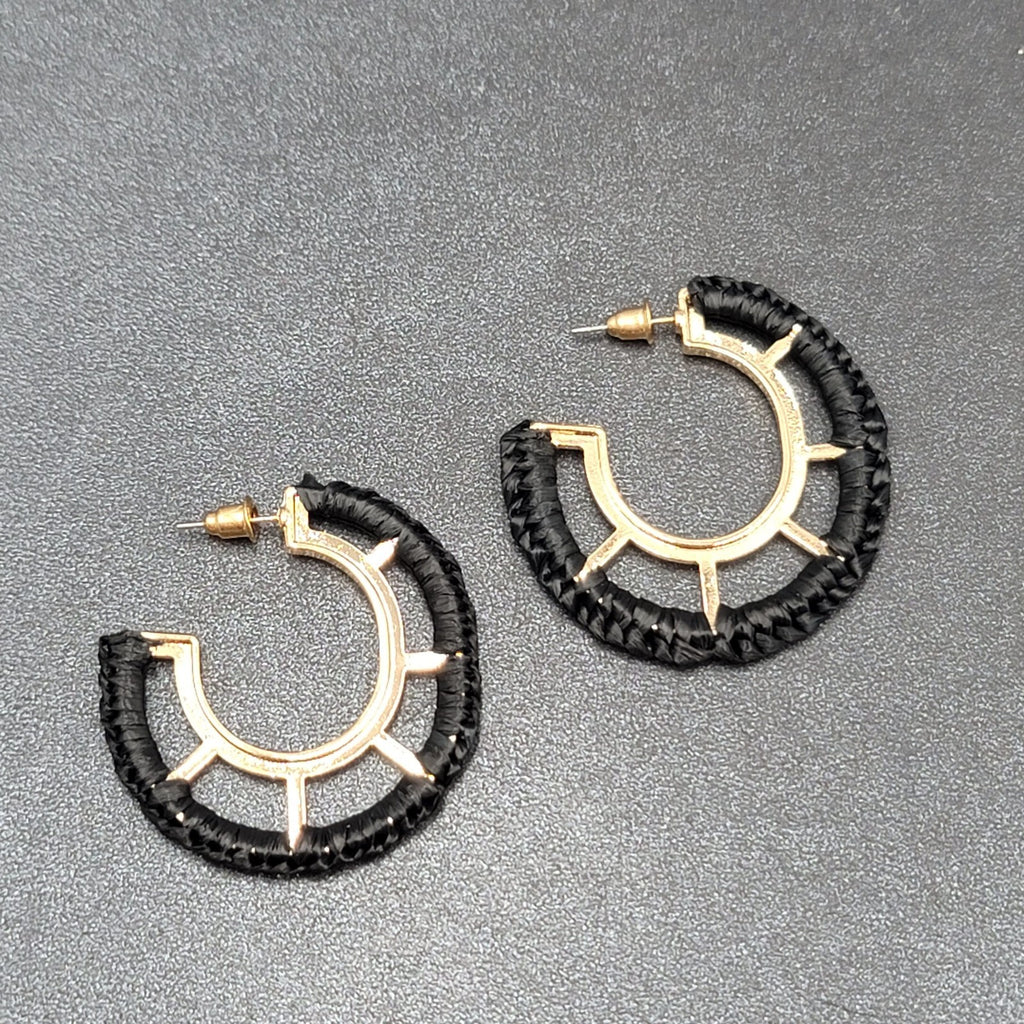 Pierced Earrings Gold tone Black String Wrapped Drop Hoops 1 5/8"
