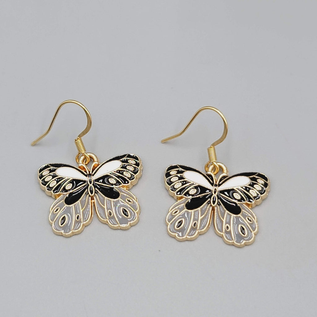 Black Gray Moth Enamel Pierced Earrings Gold tone Dangle Butterfly 3/4"