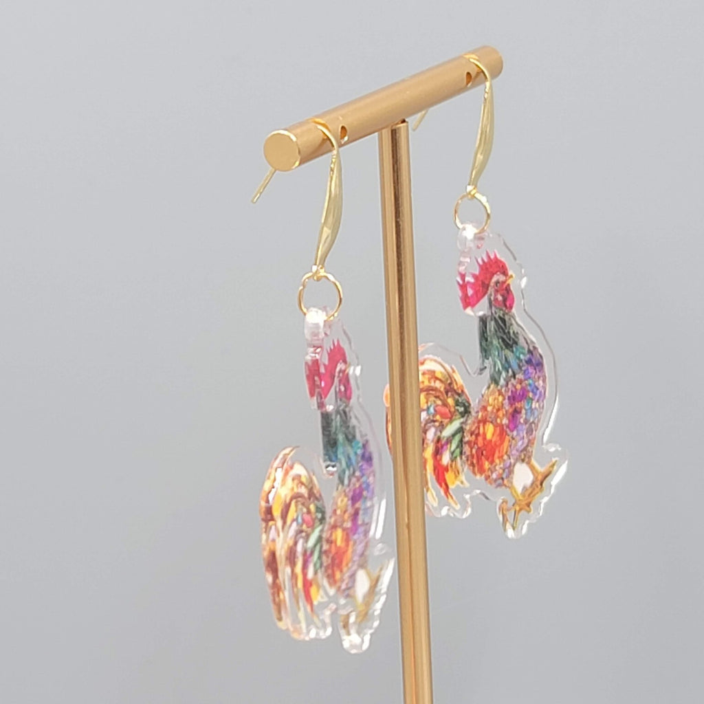 Multicolor Mosiac Rosster Pierced Earrings Acrylic Dangle Gold tone Hook 1.75"