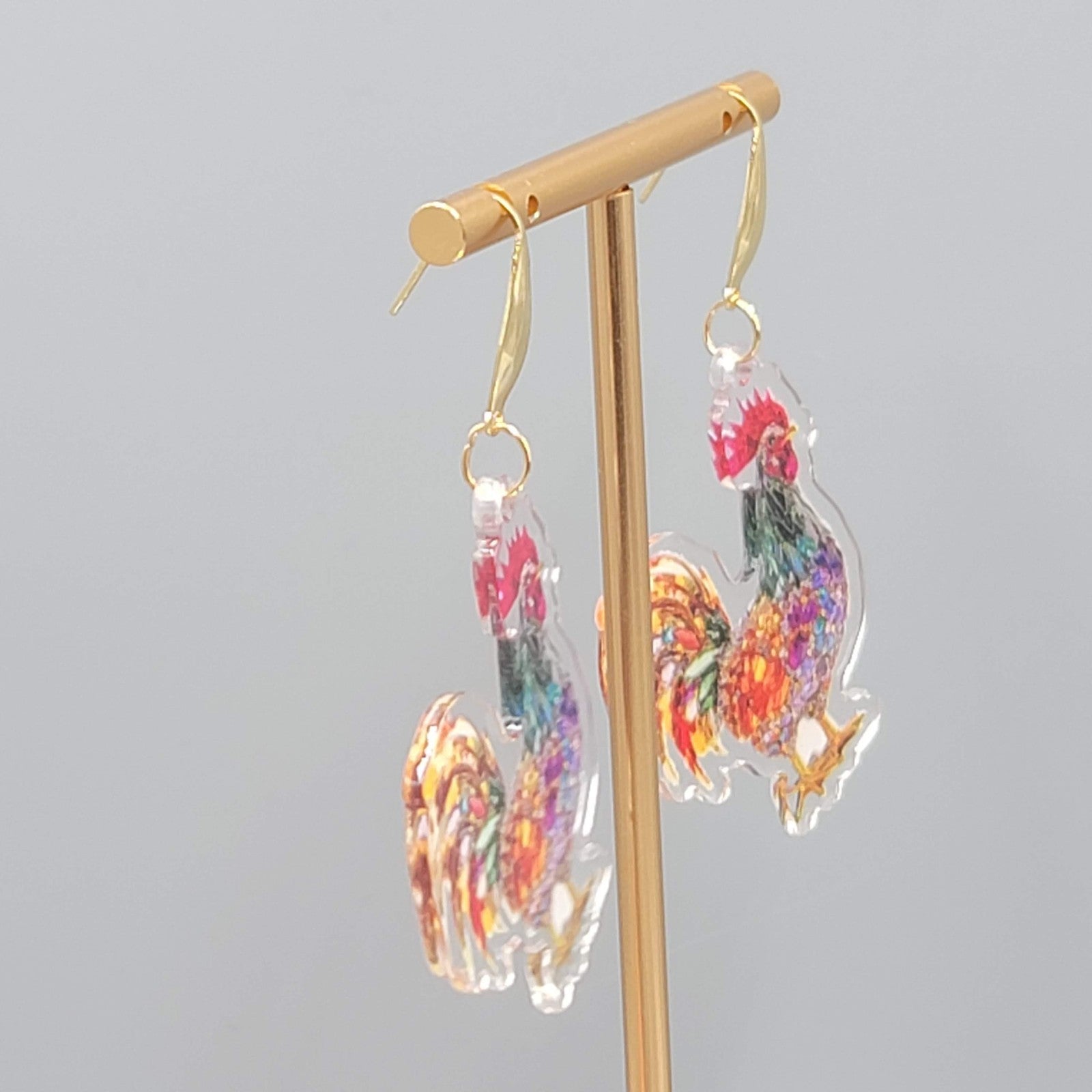 Multicolor Mosiac Rosster Pierced Earrings Acrylic Dangle Gold tone Hook 1.75"