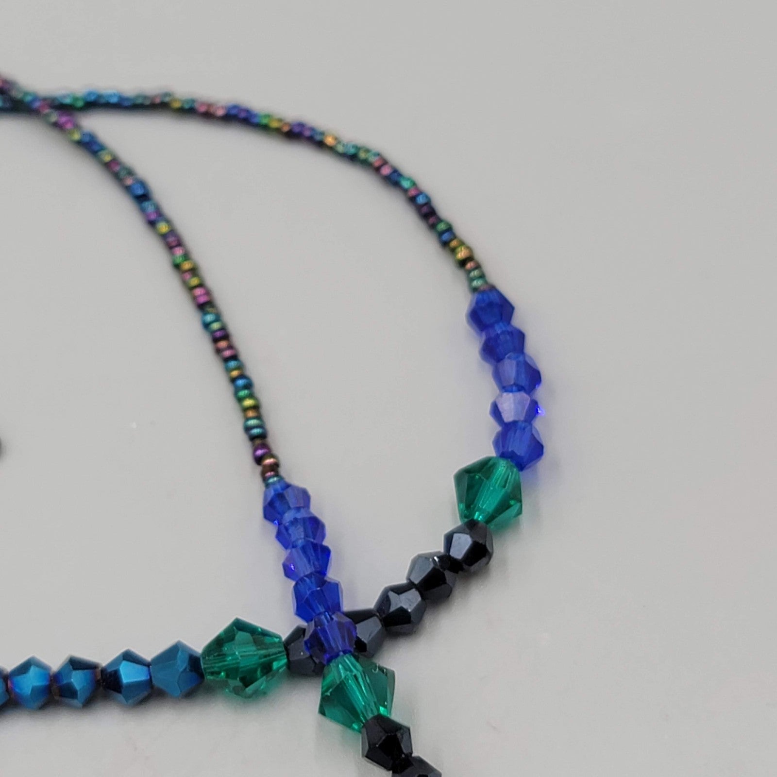 Signed Beaded Necklace Long 30 in Black Purple Green Triple Layer