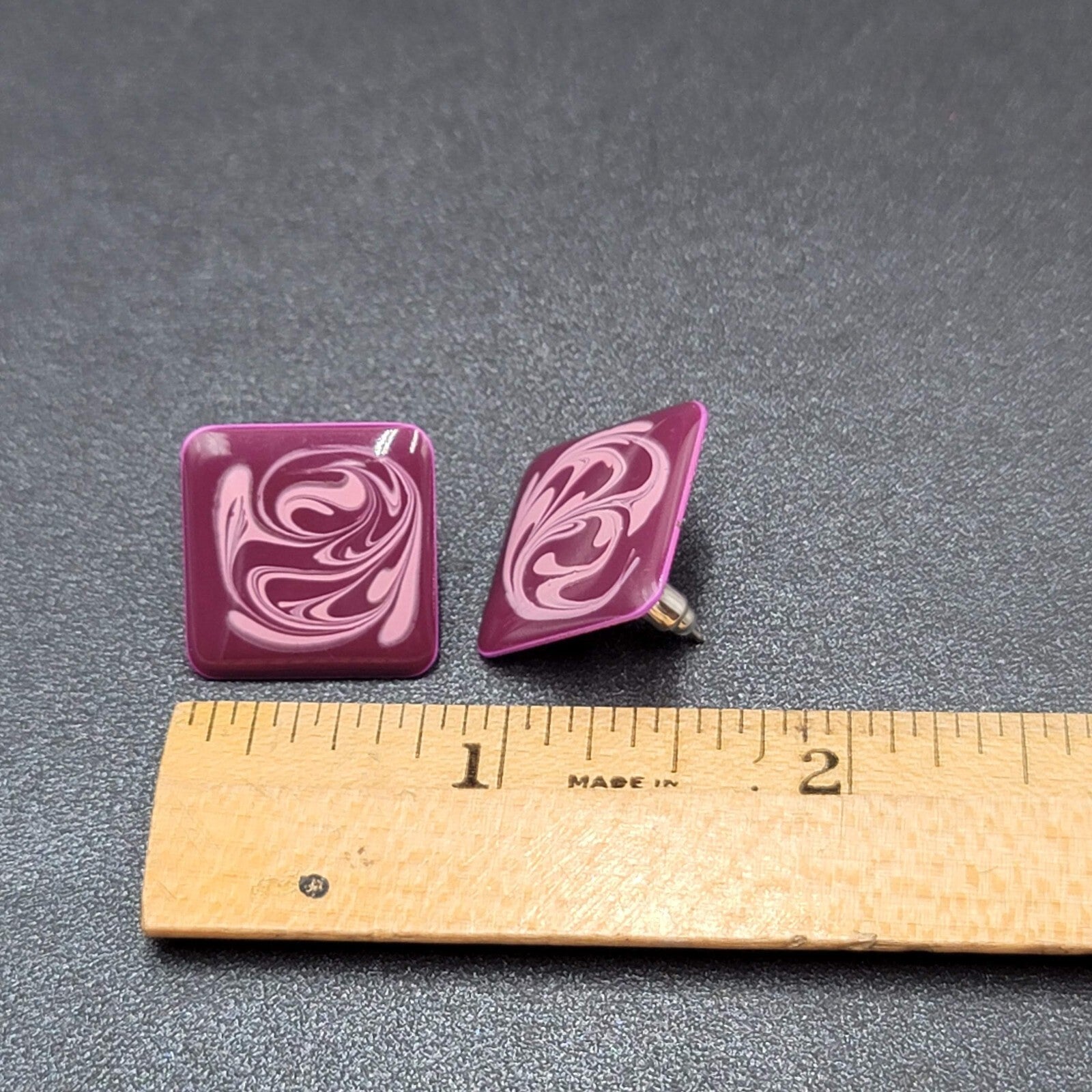 Vintage Pierced Earrings Purple Swirl Enamel over Metal Square Drop 1"