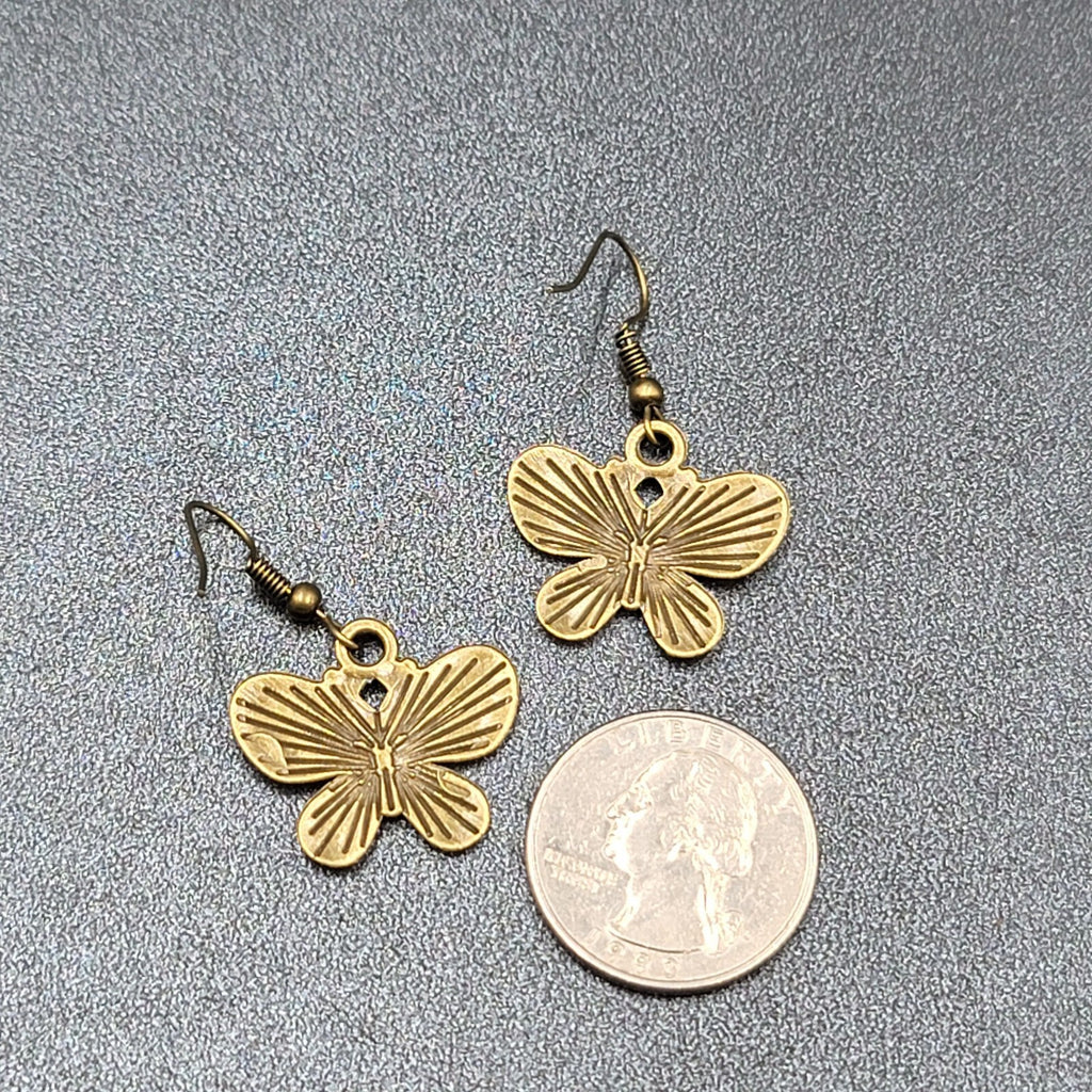 Butterfly Pierced Earrings Dangle Bronze tone Embossed 7/8"