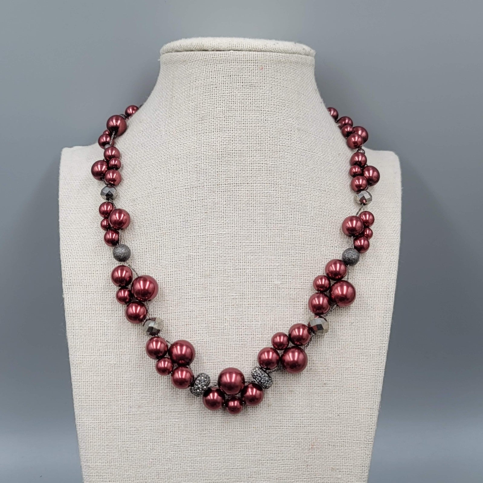 Statement Beaded Necklace Red Faux Pearls Silver Tone Cluster Adjustable 16-18"