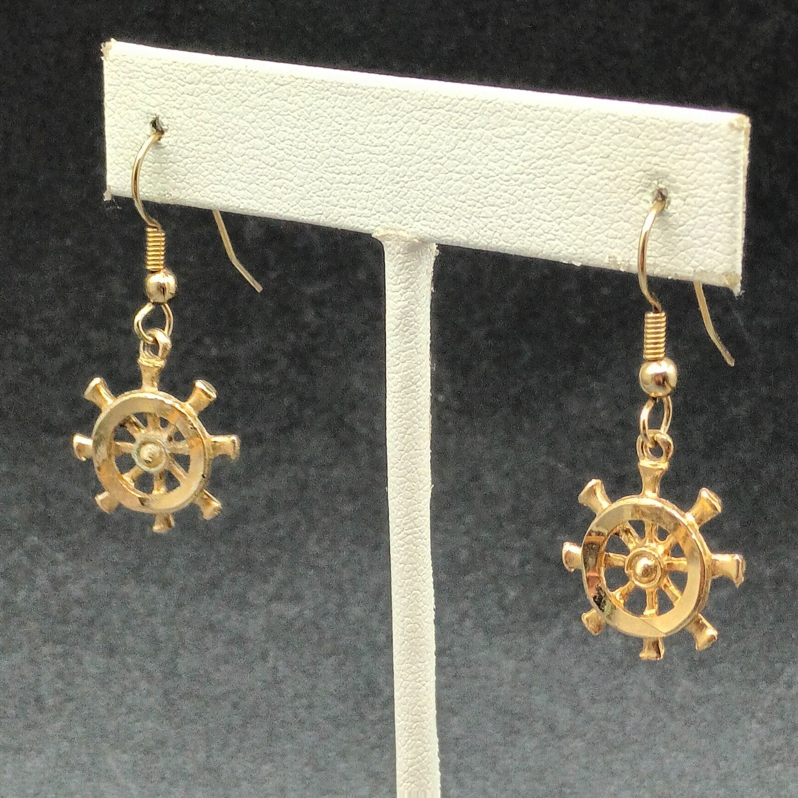 Pierced Earrings Gold tone Ship Wheel Nautical Theme Dangle 3/4"